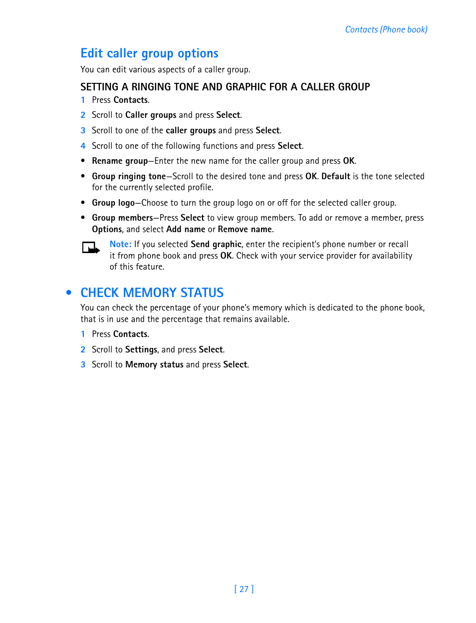 Check memory status, Edit caller group options | Nokia 3587i User Manual | Page 30 / 107