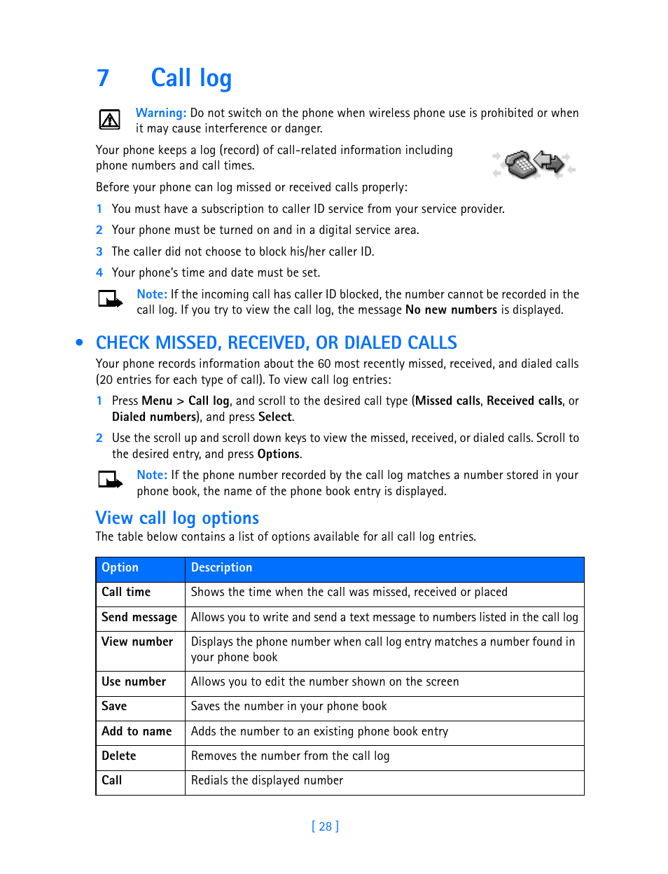 7 call log, Check missed, received, or dialed calls, Call log | Check missed, received, or dialed calls . 28, 7call log, View call log options | Nokia 3587i User Manual | Page 31 / 107