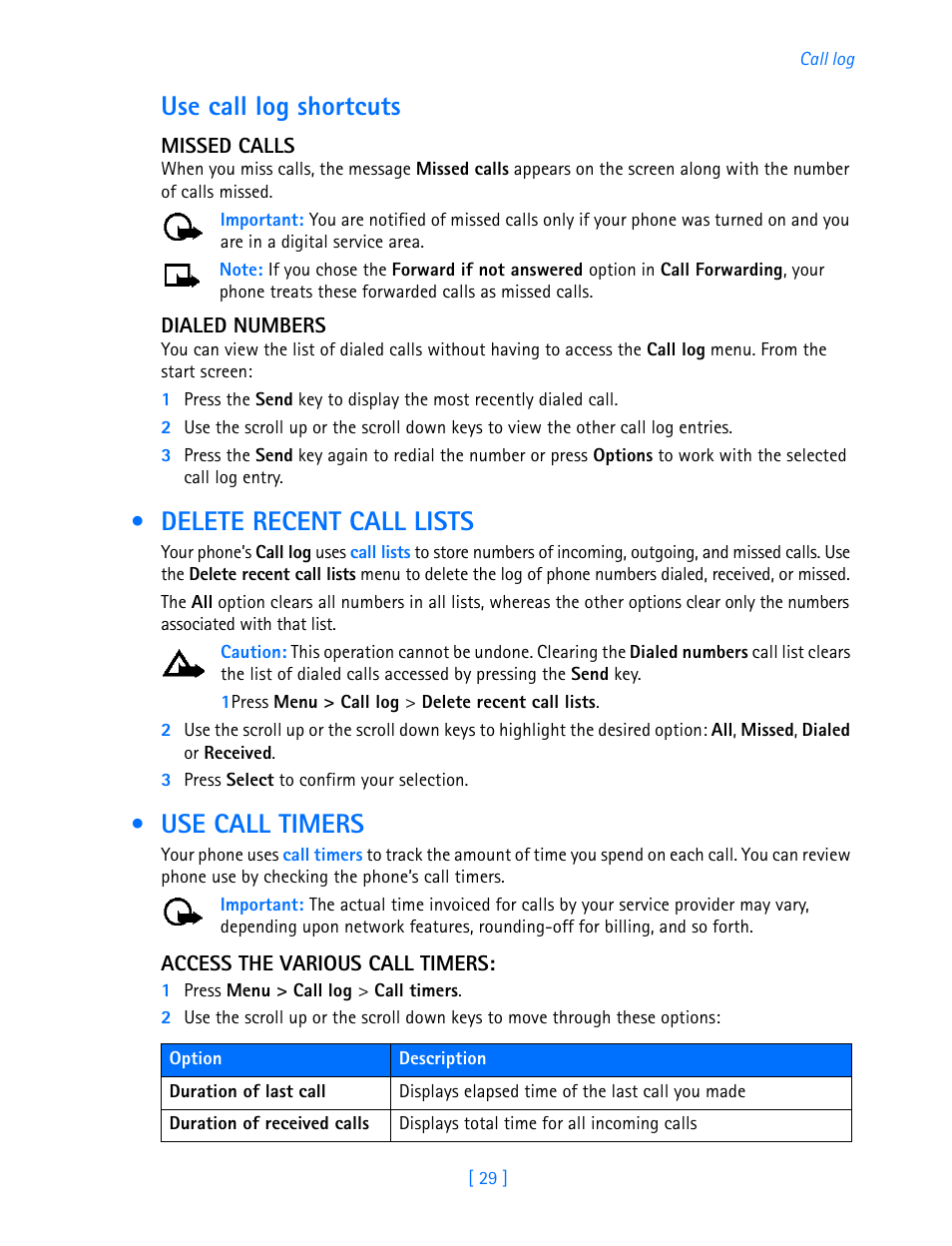 Delete recent call lists, Use call timers, Delete recent call lists use call timers | Use call log shortcuts | Nokia 3587i User Manual | Page 32 / 107