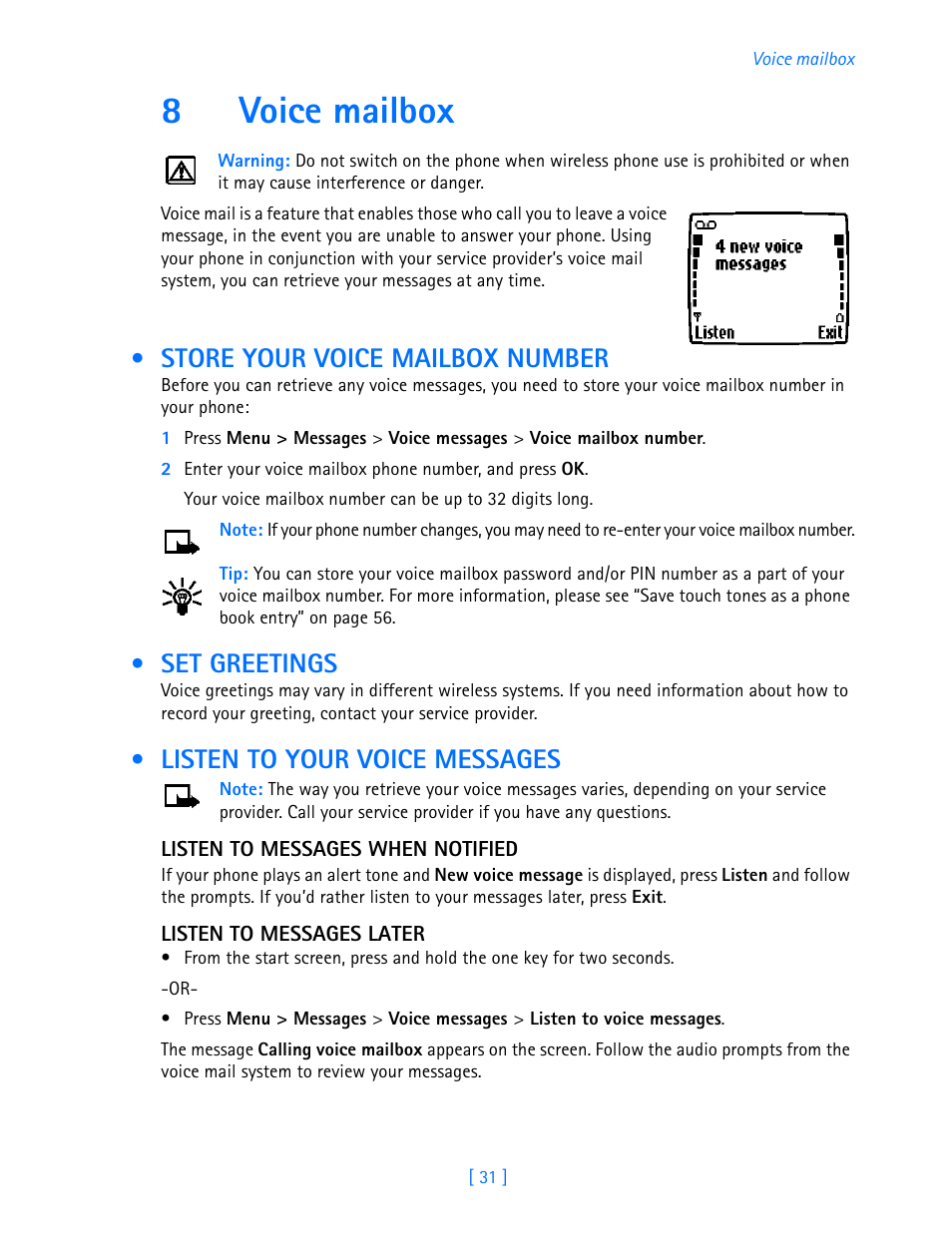 8 voice mailbox, Store your voice mailbox number, Set greetings | Listen to your voice messages, Voice mailbox, 8voice mailbox | Nokia 3587i User Manual | Page 34 / 107