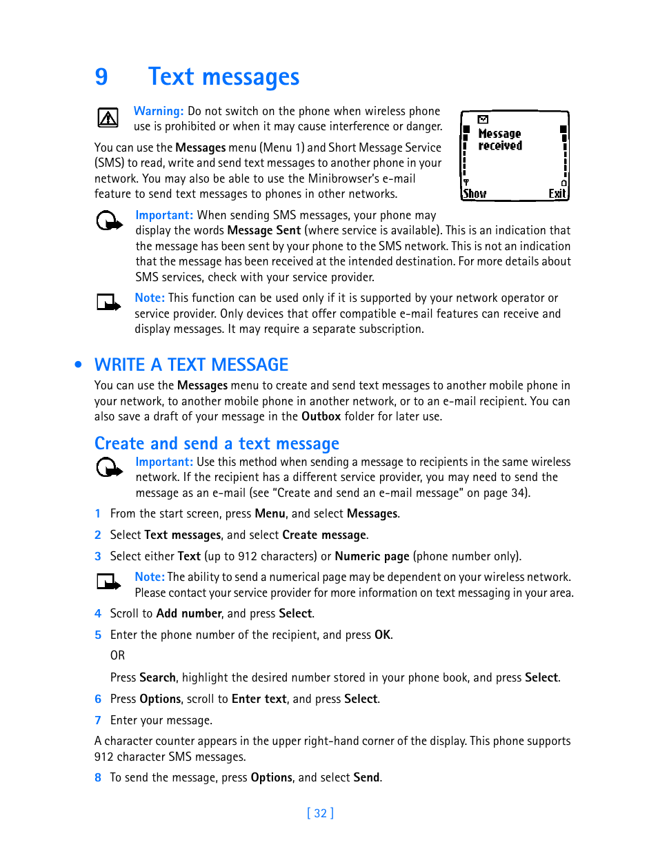 9 text messages, Write a text message, Text messages | 9text messages, Create and send a text message | Nokia 3587i User Manual | Page 35 / 107