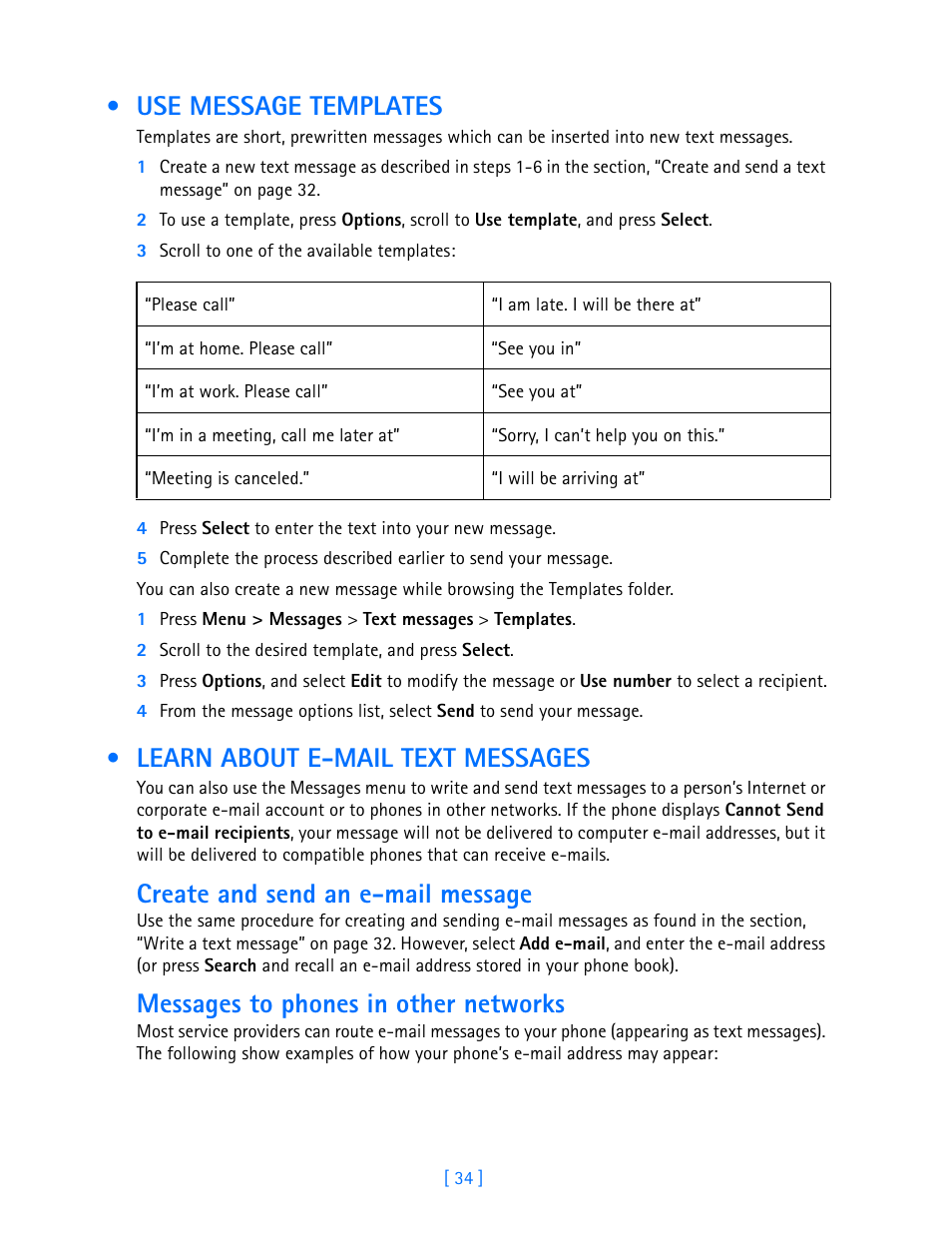 Use message templates, Learn about e-mail text messages, Create and send an e-mail message | Messages to phones in other networks | Nokia 3587i User Manual | Page 37 / 107