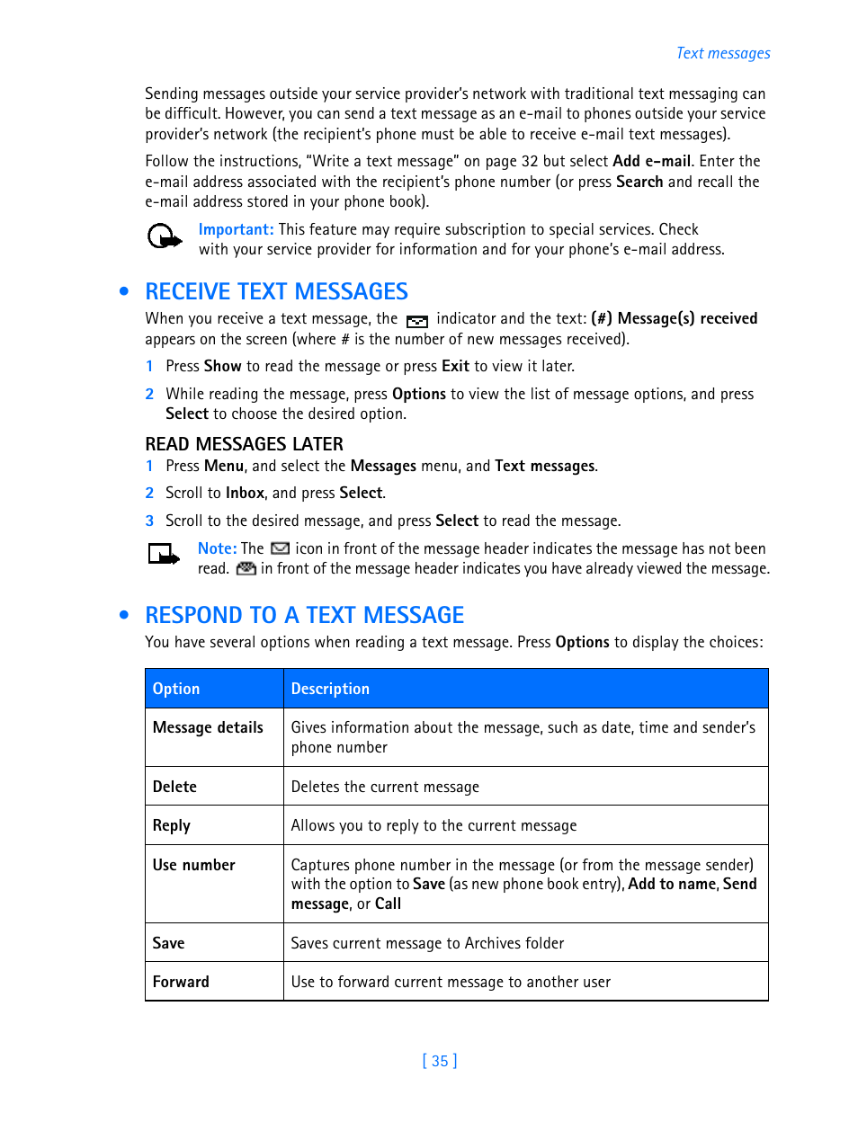 Receive text messages, Respond to a text message, Receive text messages respond to a text message | Nokia 3587i User Manual | Page 38 / 107