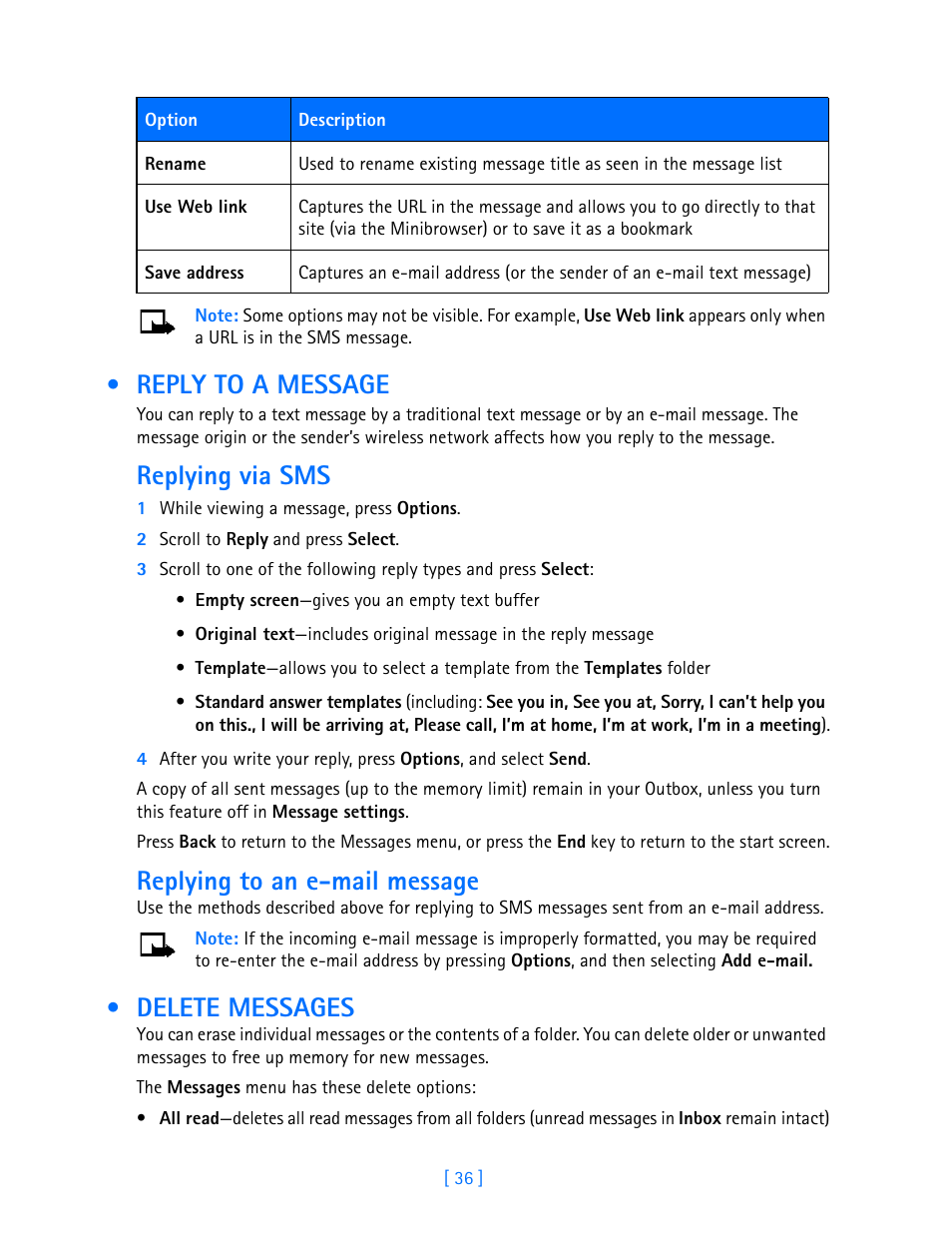 Reply to a message, Delete messages, Reply to a message delete messages | Replying via sms, Replying to an e-mail message | Nokia 3587i User Manual | Page 39 / 107