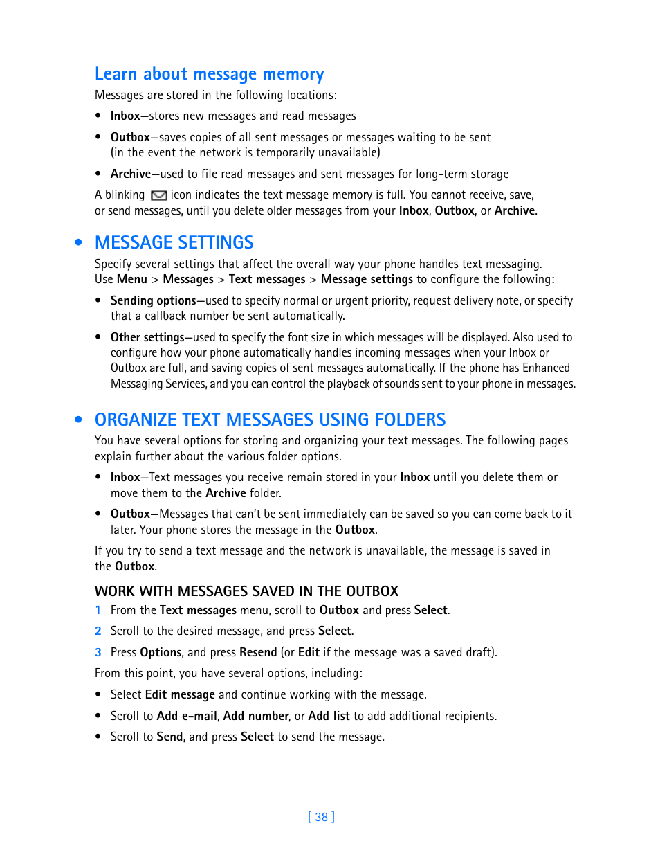 Message settings, Organize text messages using folders | Nokia 3587i User Manual | Page 41 / 107