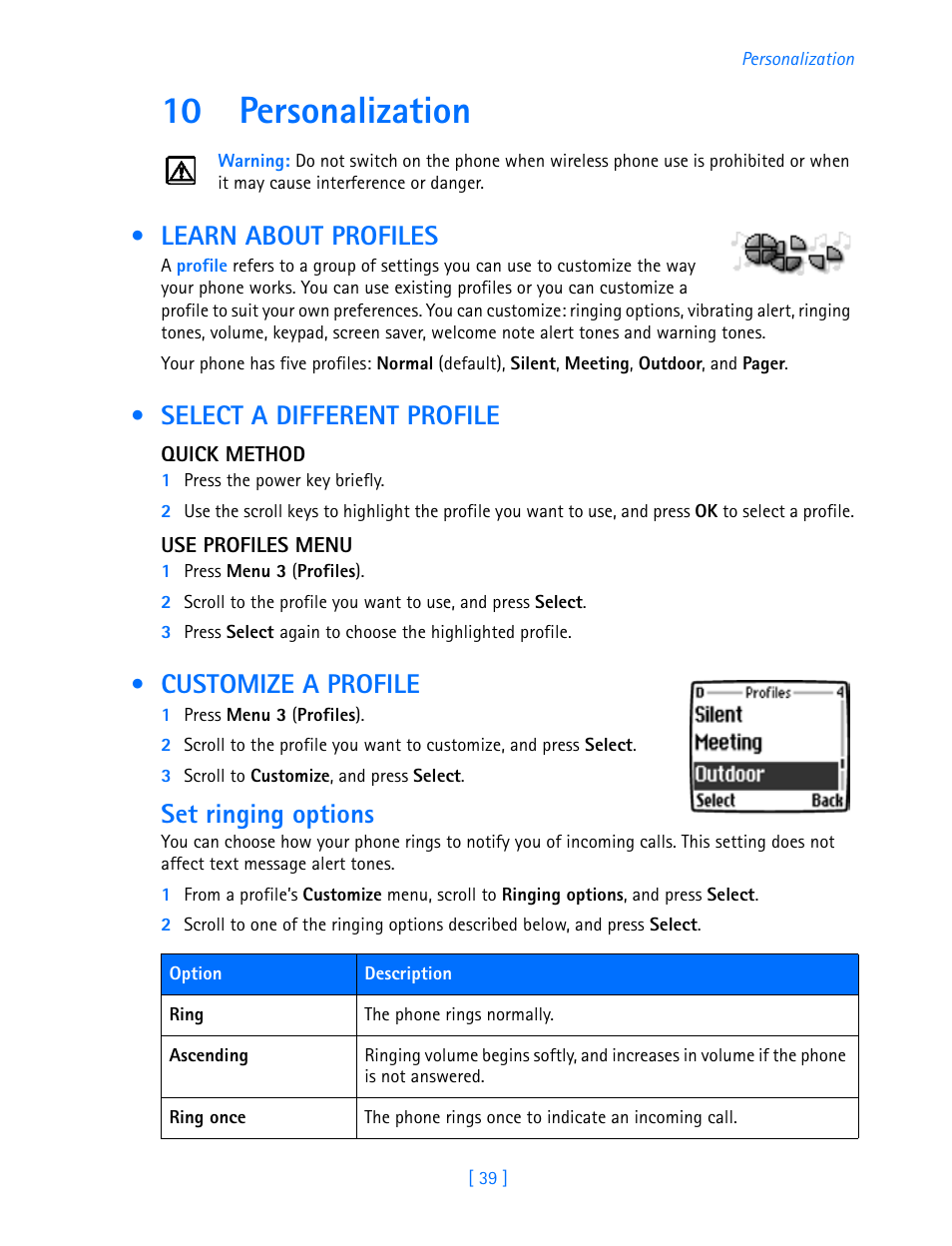 10 personalization, Learn about profiles, Select a different profile | Customize a profile, Personalization, Set ringing options | Nokia 3587i User Manual | Page 42 / 107