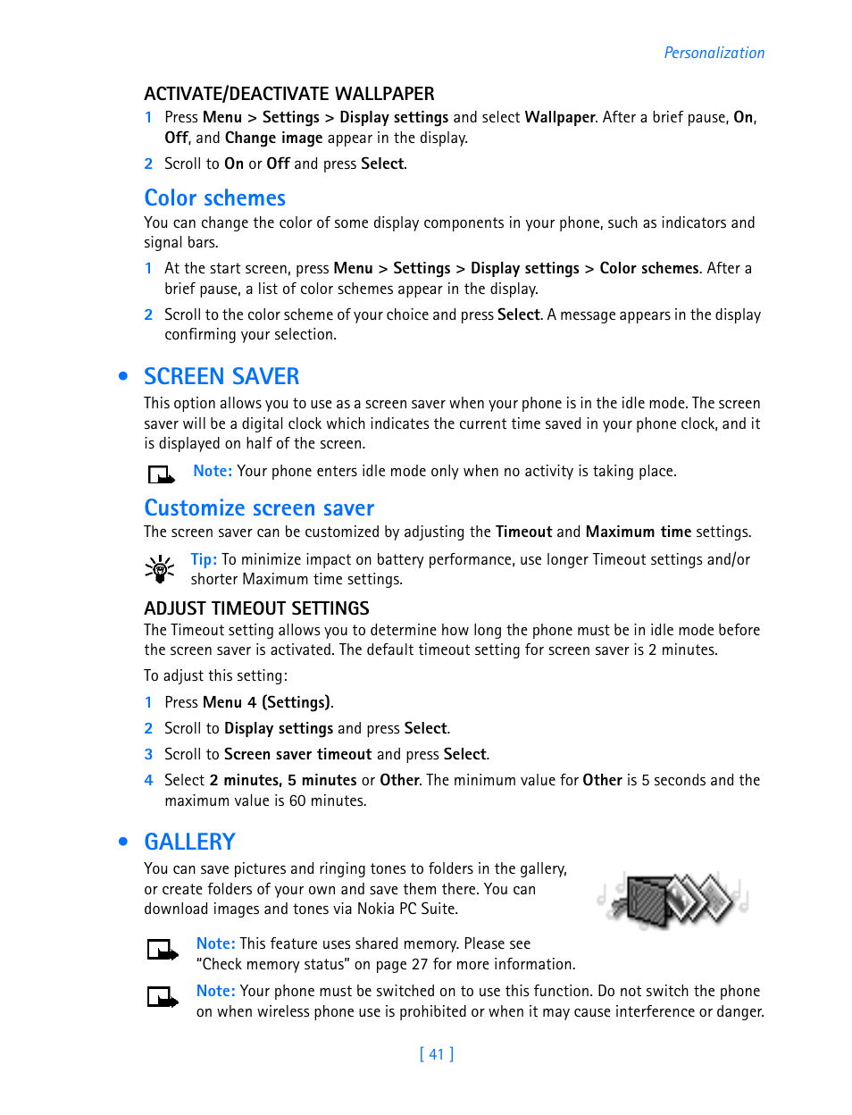 Screen saver, Gallery, Screen saver gallery | Color schemes, Customize screen saver | Nokia 3587i User Manual | Page 44 / 107