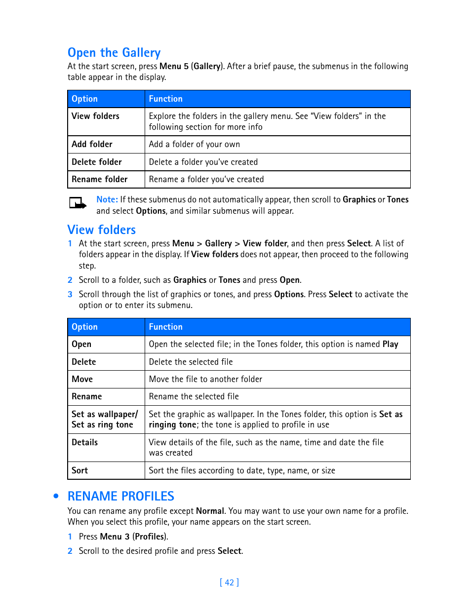 Rename profiles, Open the gallery, View folders | Nokia 3587i User Manual | Page 45 / 107