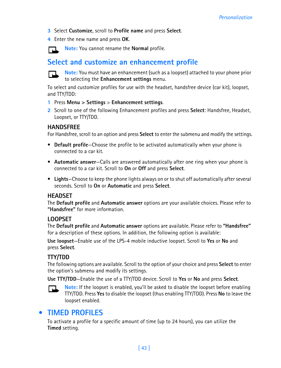 Timed profiles, Select and customize an enhancement profile | Nokia 3587i User Manual | Page 46 / 107