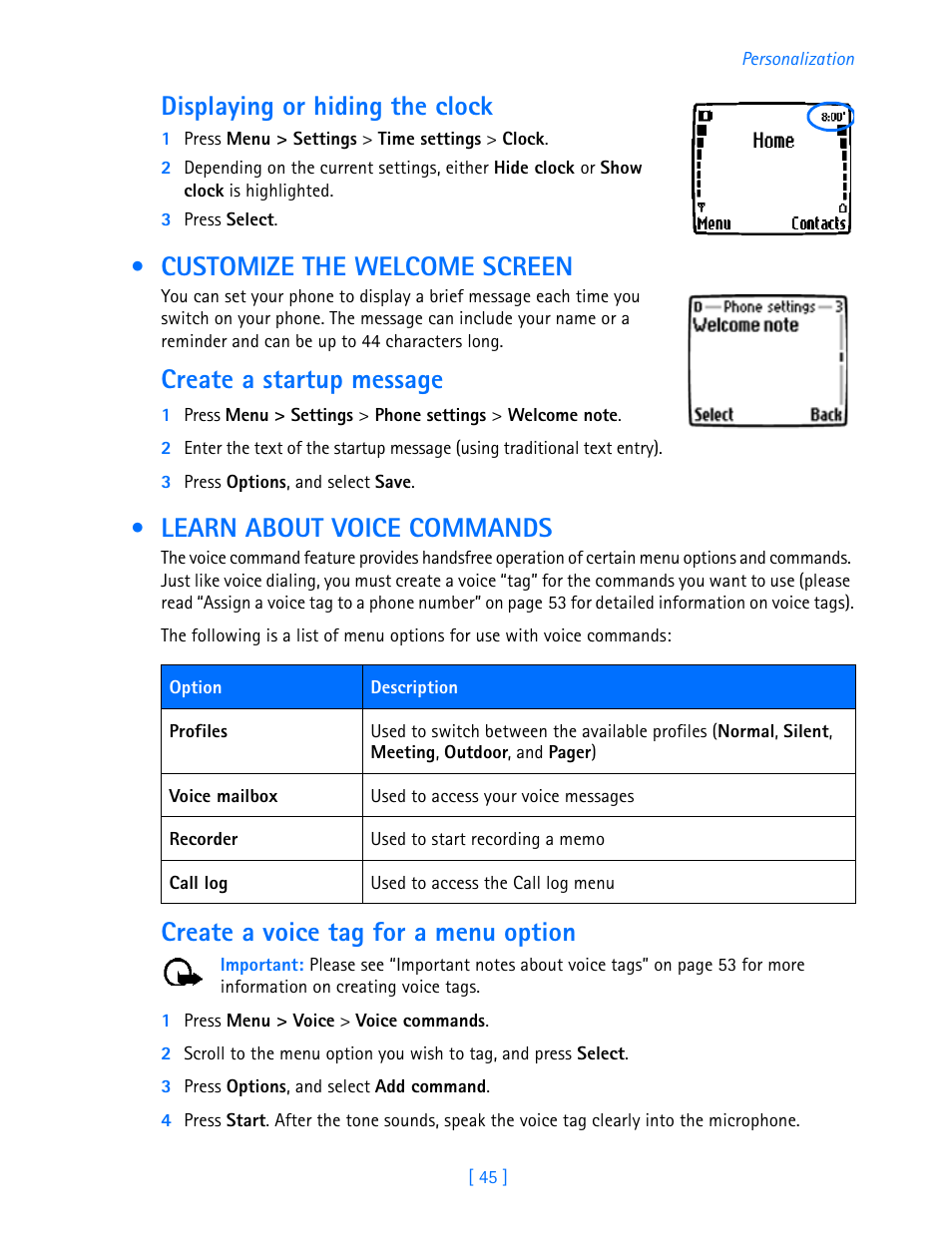 Customize the welcome screen, Learn about voice commands, Displaying or hiding the clock | Create a startup message, Create a voice tag for a menu option | Nokia 3587i User Manual | Page 48 / 107