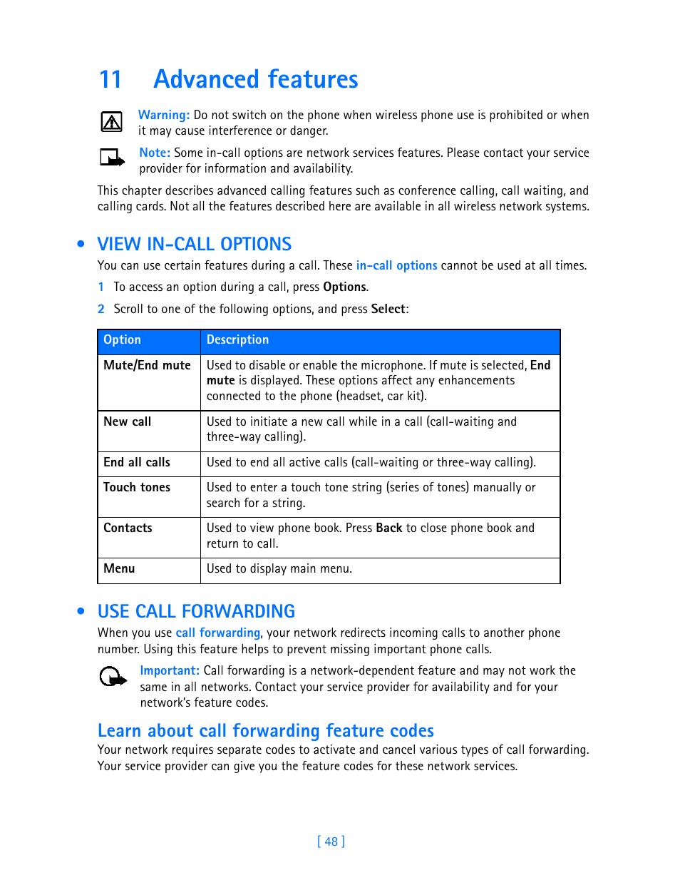 11 advanced features, View in-call options, Use call forwarding | Advanced features, View in-call options use call forwarding, Learn about call forwarding feature codes | Nokia 3587i User Manual | Page 51 / 107