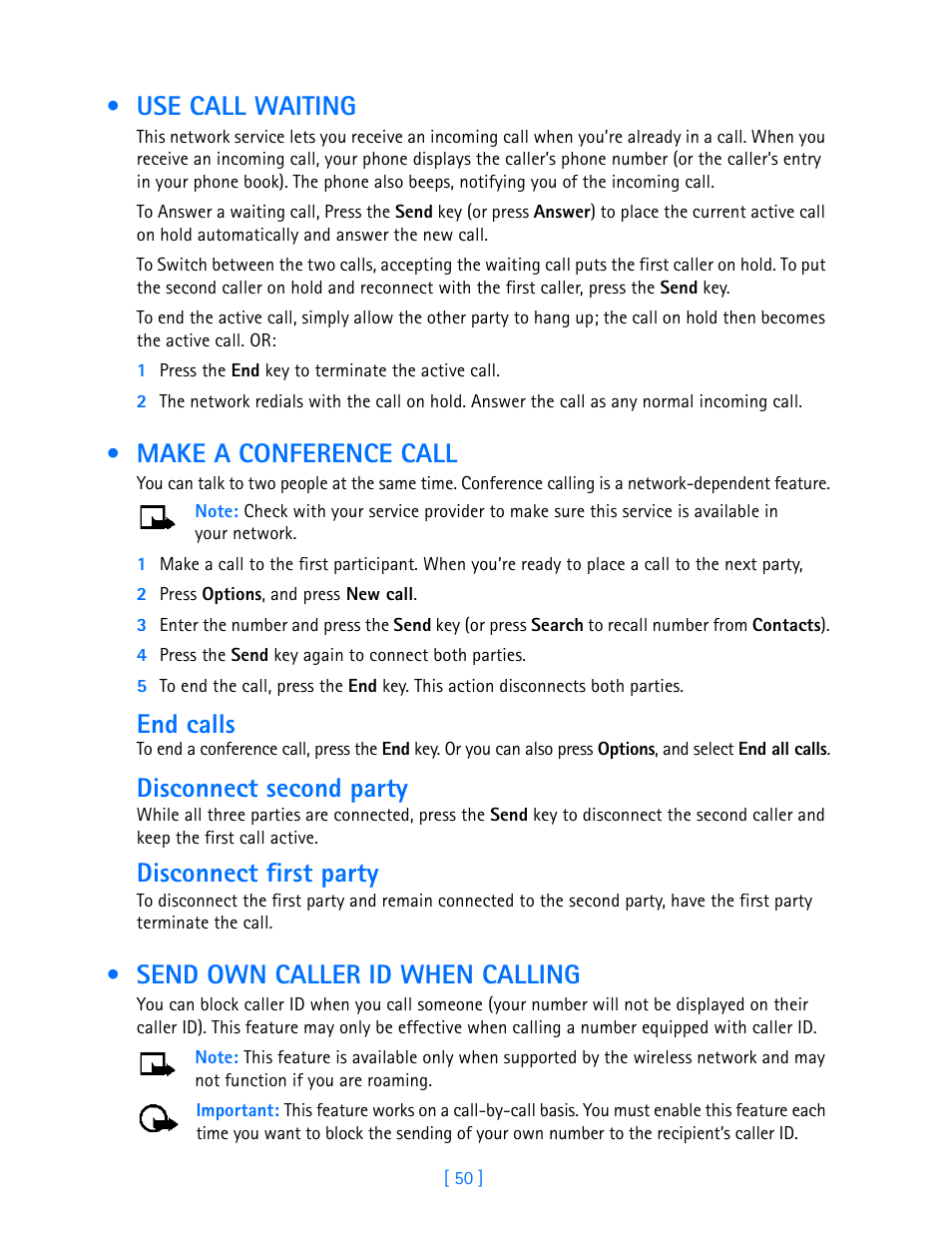 Use call waiting, Make a conference call, Send own caller id when calling | End calls, Disconnect second party, Disconnect first party | Nokia 3587i User Manual | Page 53 / 107
