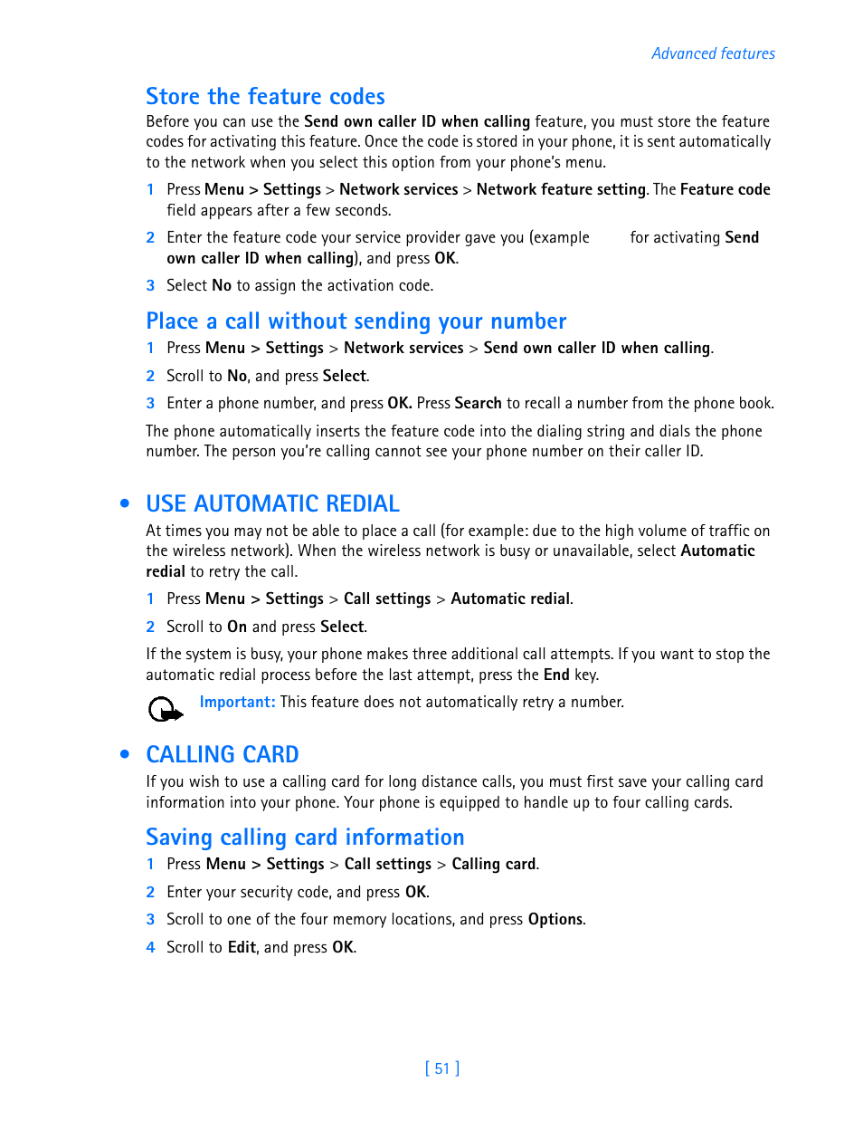 Use automatic redial, Calling card, Use automatic redial calling card | Store the feature codes, Place a call without sending your number, Saving calling card information | Nokia 3587i User Manual | Page 54 / 107