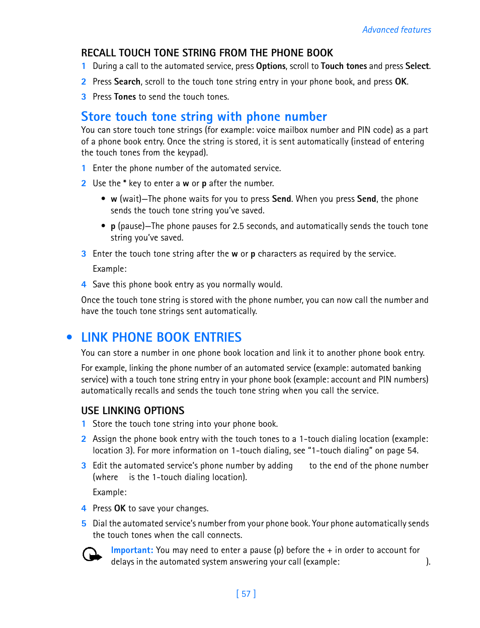 Link phone book entries, Store touch tone string with phone number | Nokia 3587i User Manual | Page 60 / 107