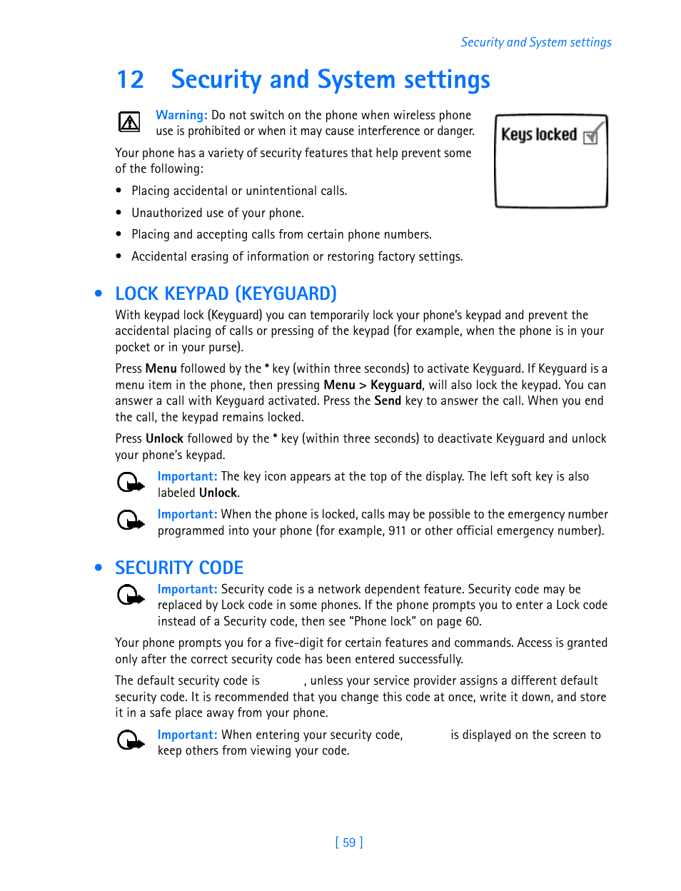 12 security and system settings, Lock keypad (keyguard), Security code | Security and system settings, Lock keypad (keyguard) security code | Nokia 3587i User Manual | Page 62 / 107