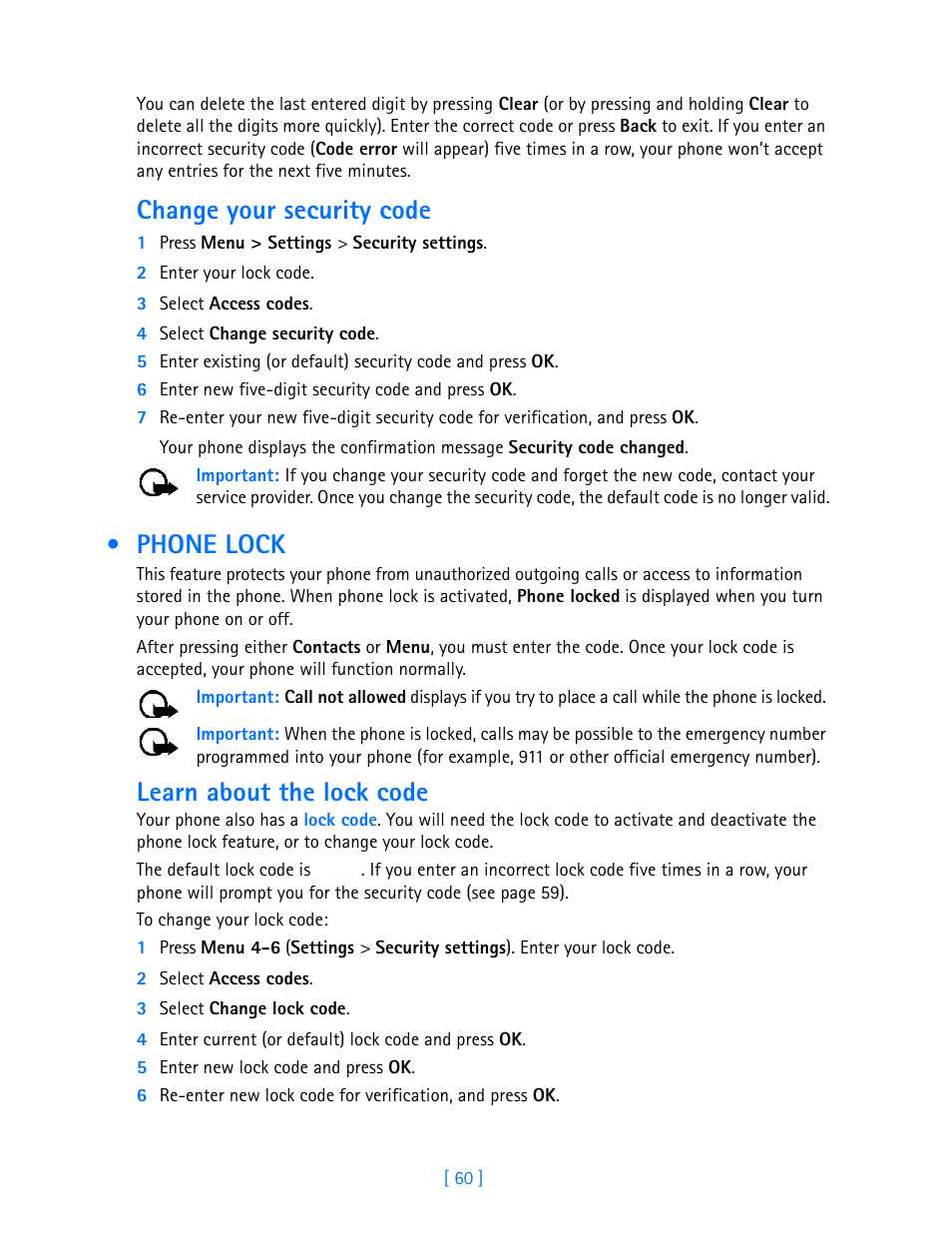 Phone lock, Change your security code, Learn about the lock code | Nokia 3587i User Manual | Page 63 / 107
