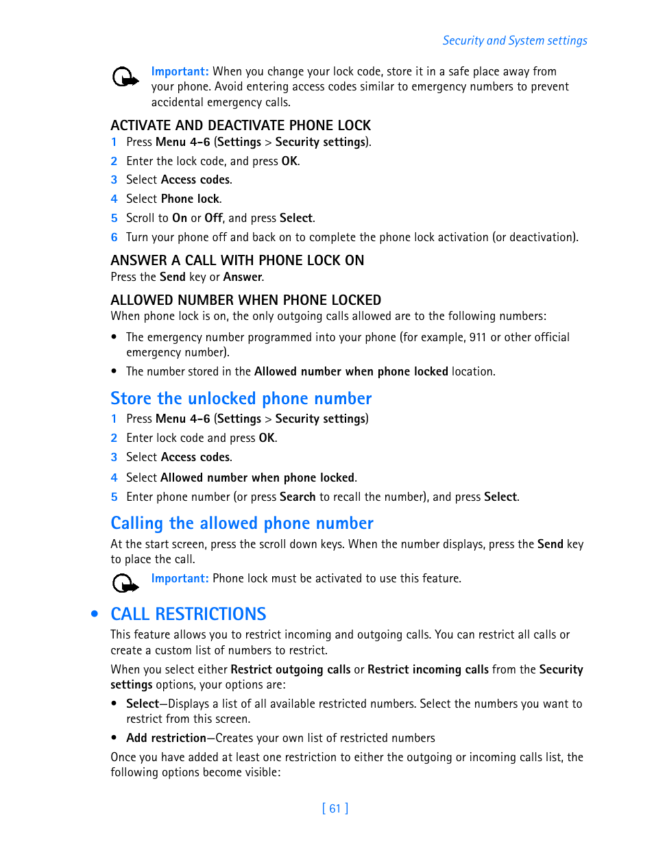 Call restrictions, Store the unlocked phone number, Calling the allowed phone number | Nokia 3587i User Manual | Page 64 / 107