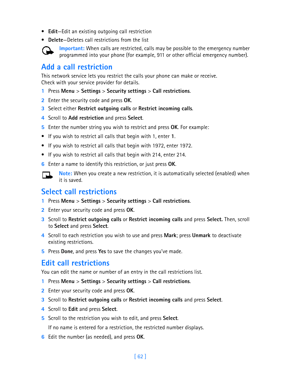 Add a call restriction, Select call restrictions, Edit call restrictions | Nokia 3587i User Manual | Page 65 / 107