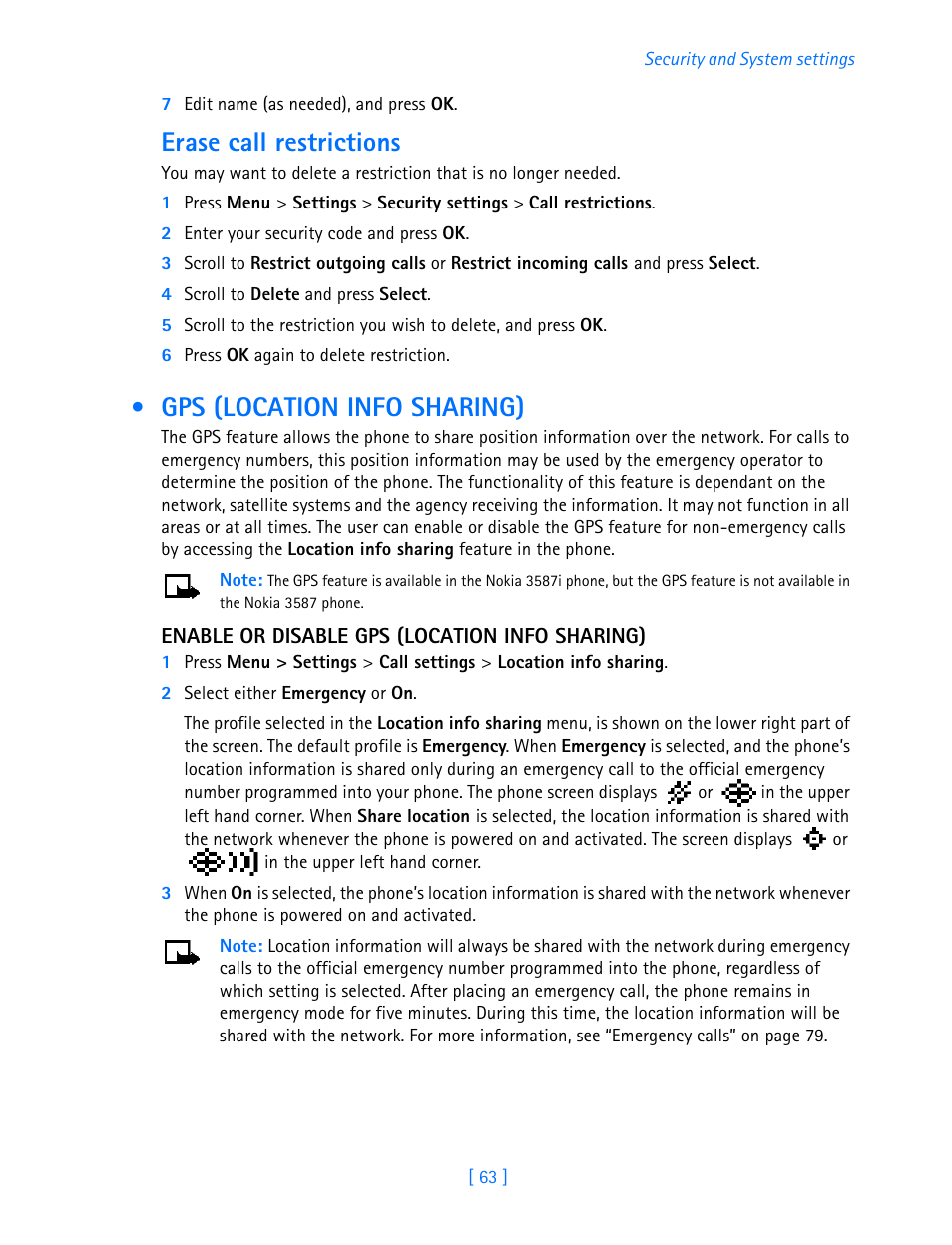 Gps (location info sharing), Erase call restrictions | Nokia 3587i User Manual | Page 66 / 107