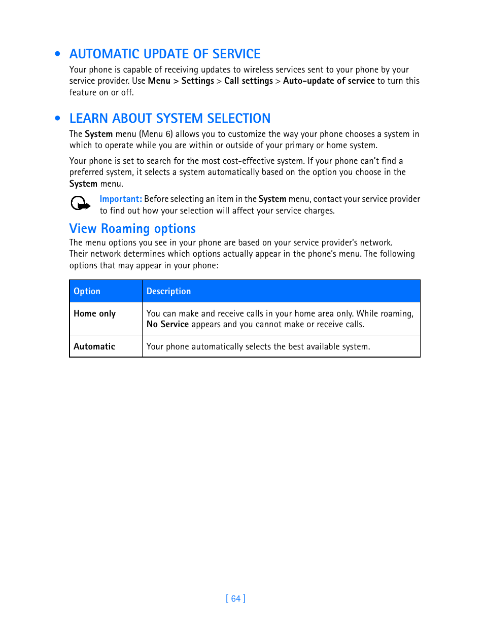 Automatic update of service, Learn about system selection, View roaming options | Nokia 3587i User Manual | Page 67 / 107