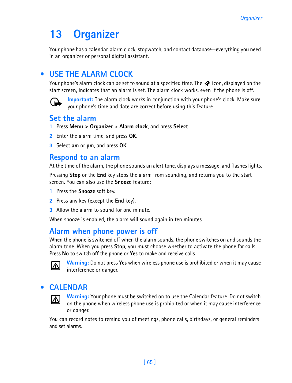 13 organizer, Use the alarm clock, Calendar | Organizer, Use the alarm clock calendar, Set the alarm, Respond to an alarm, Alarm when phone power is off | Nokia 3587i User Manual | Page 68 / 107