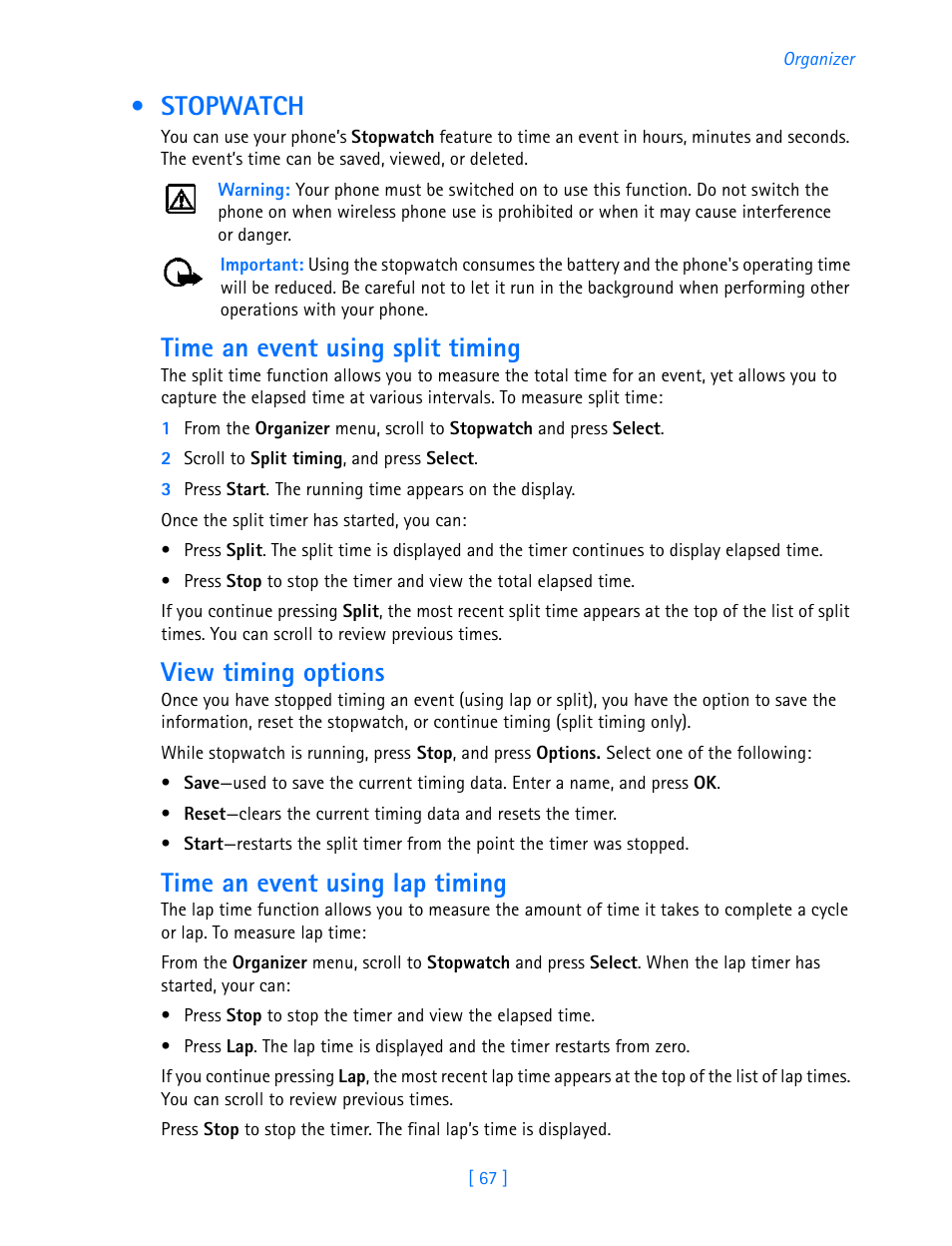 Stopwatch, Time an event using split timing, View timing options | Time an event using lap timing | Nokia 3587i User Manual | Page 70 / 107