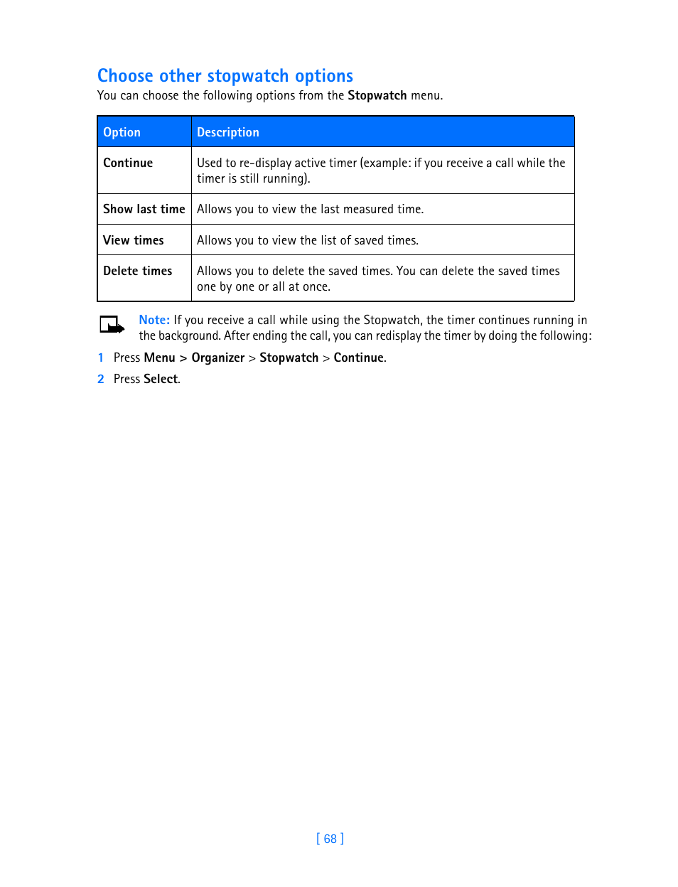 Choose other stopwatch options | Nokia 3587i User Manual | Page 71 / 107