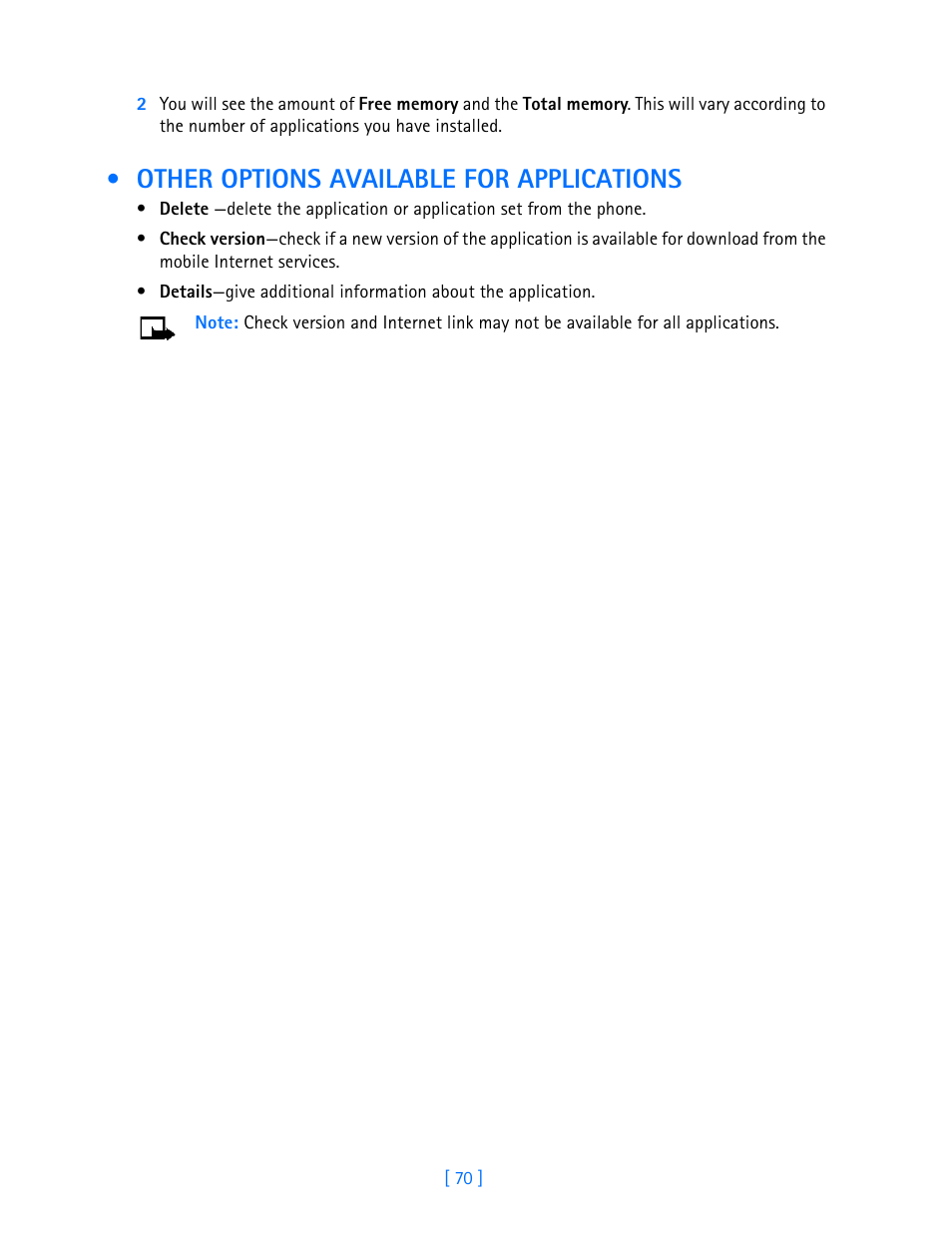 Other options available for applications, Other options available for applications 70 | Nokia 3587i User Manual | Page 73 / 107