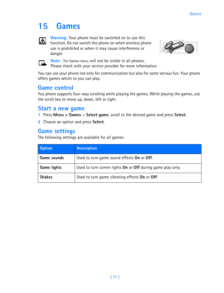 15 games, Games, Game control | Start a new game, Game settings | Nokia 3587i User Manual | Page 74 / 107