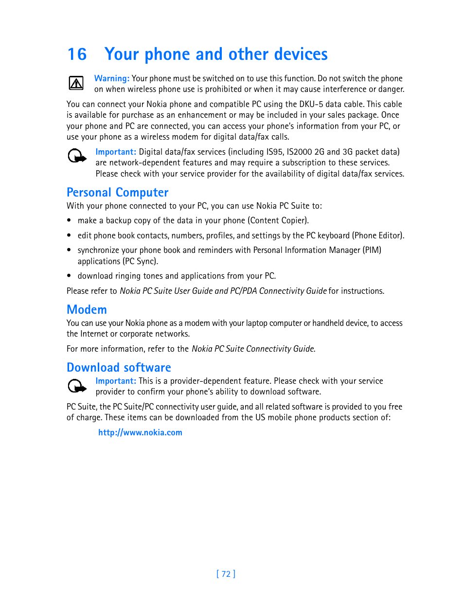 16 your phone and other devices, Your phone and other devices, Personal computer | Modem, Download software | Nokia 3587i User Manual | Page 75 / 107