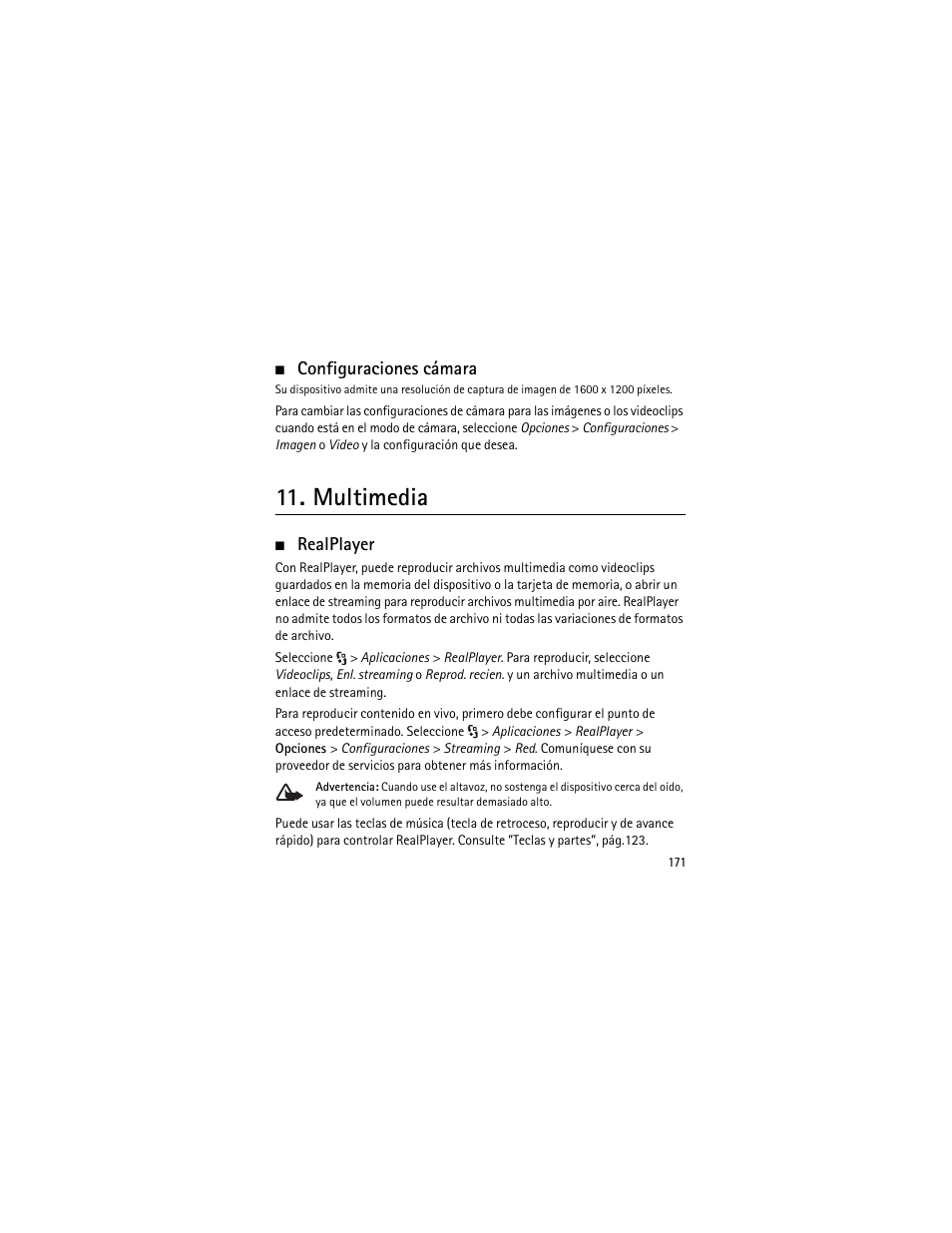 Configuraciones cámara, Multimedia, Realplayer | Nokia XPRESSMUSIC 5320 User Manual | Page 172 / 217