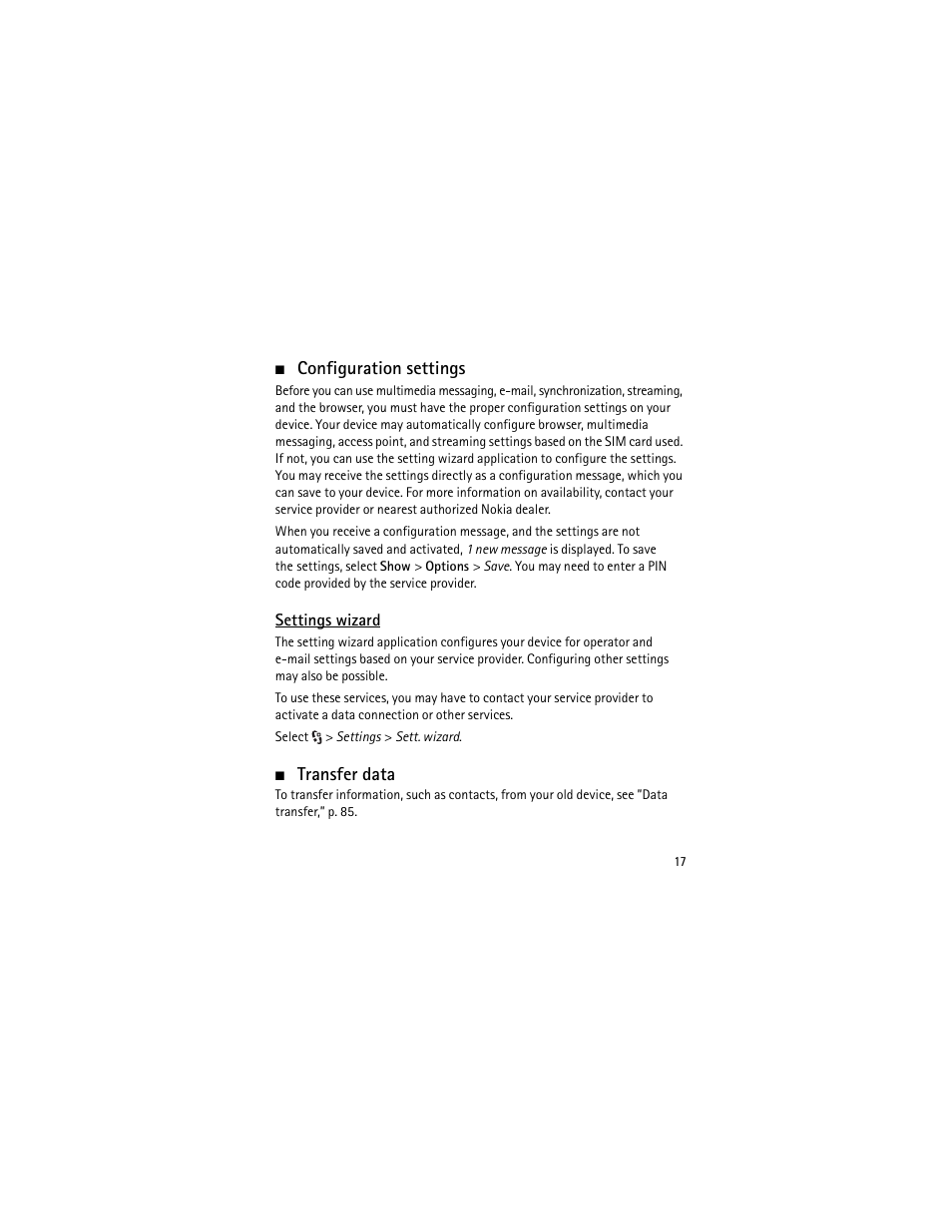 Configuration settings, Transfer data, Configuration settings transfer data | S. see ”settings wizard | Nokia XPRESSMUSIC 5320 User Manual | Page 18 / 217