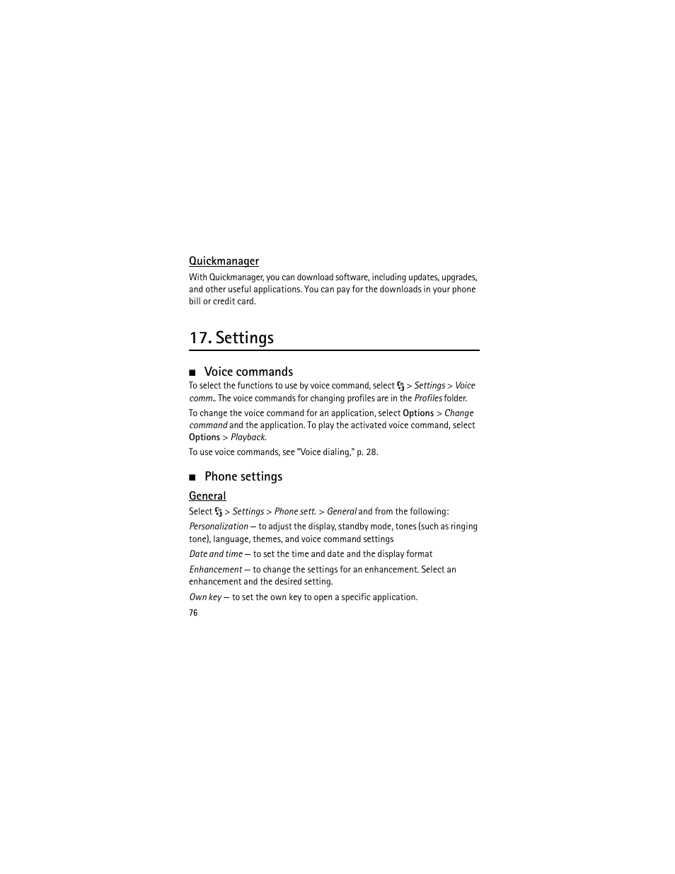 Settings, Voice commands, Phone settings | Voice commands phone settings | Nokia XPRESSMUSIC 5320 User Manual | Page 77 / 217