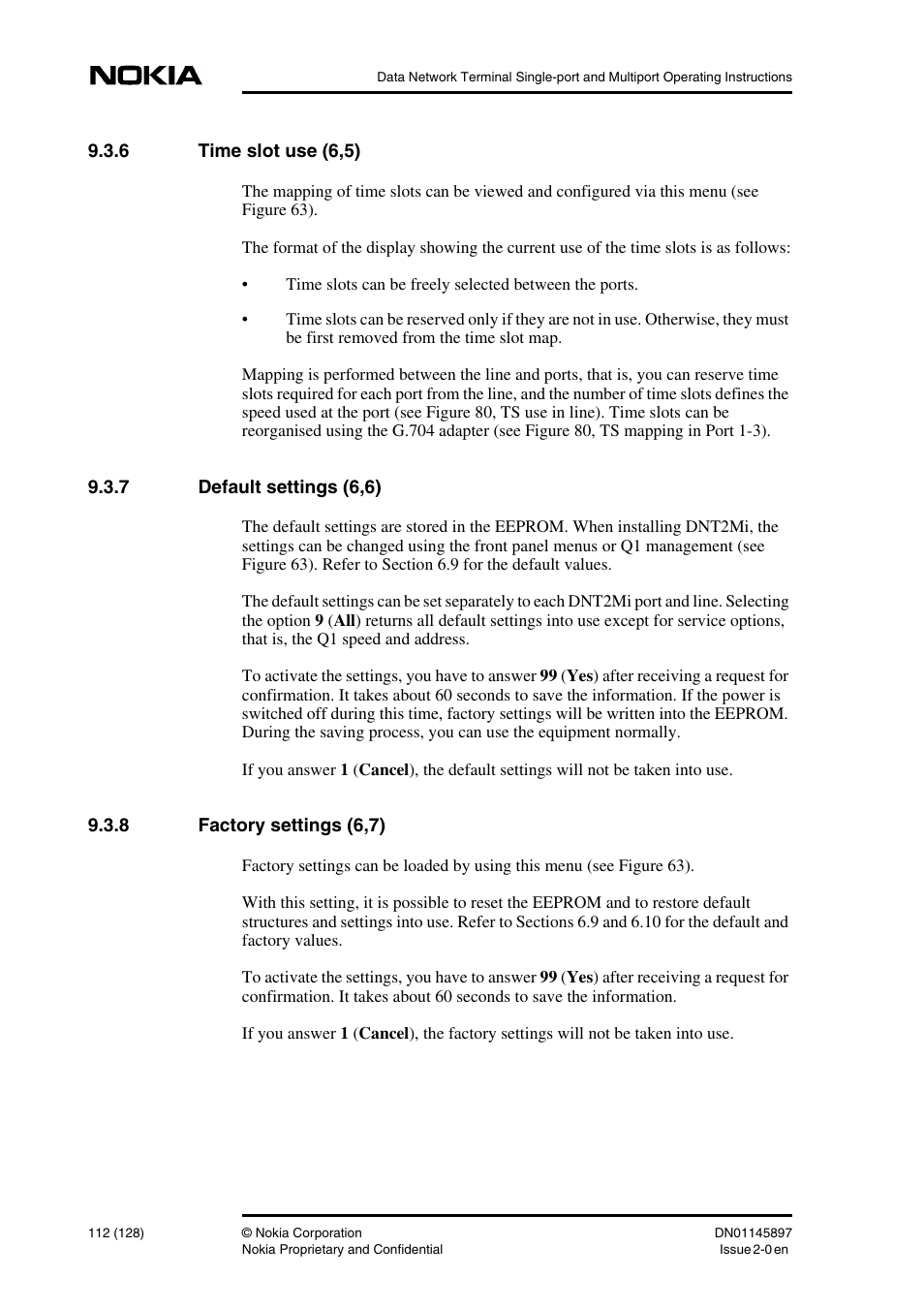 6 time slot use (6,5), 7 default settings (6,6), 8 factory settings (6,7) | Time slot use (6,5), Default settings (6,6), Factory settings (6,7) | Nokia DNT2Mi sp/mp User Manual | Page 112 / 128