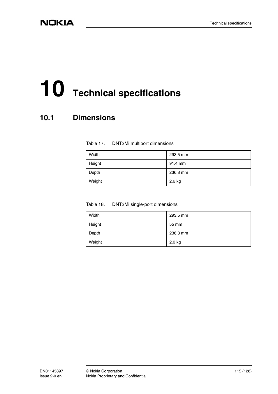 10 technical specifications, 1 dimensions, Technical specifications 115 | Dimensions, Technical specifications | Nokia DNT2Mi sp/mp User Manual | Page 115 / 128