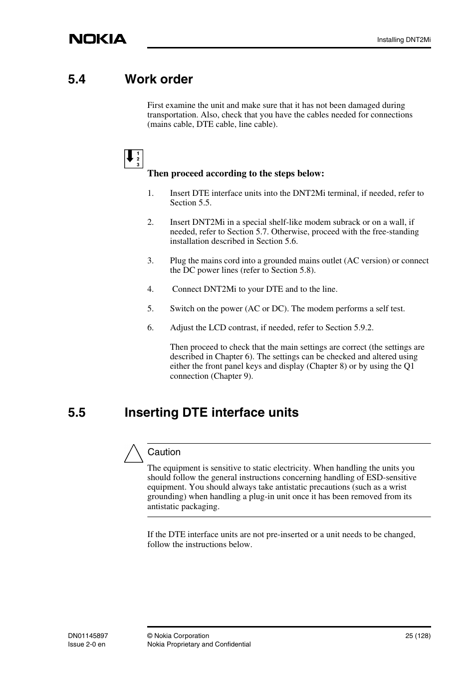 4 work order, 5 inserting dte interface units, Work order | Inserting dte interface units | Nokia DNT2Mi sp/mp User Manual | Page 25 / 128