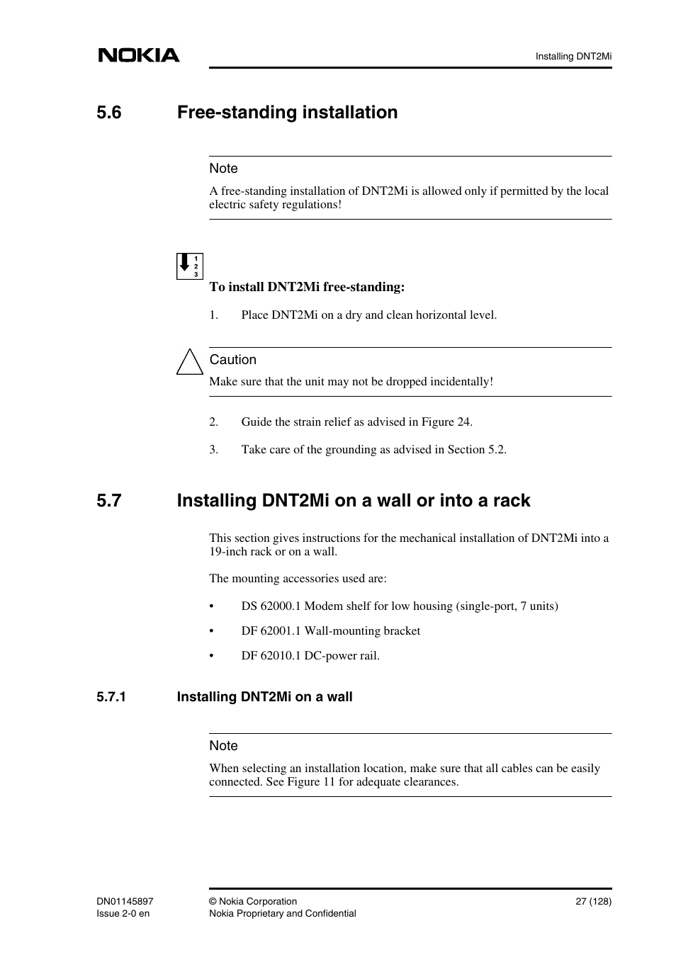 6 free-standing installation, 7 installing dnt2mi on a wall or into a rack, 1 installing dnt2mi on a wall | Free-standing installation, Installing dnt2mi on a wall or into a rack, Installing dnt2mi on a wall | Nokia DNT2Mi sp/mp User Manual | Page 27 / 128