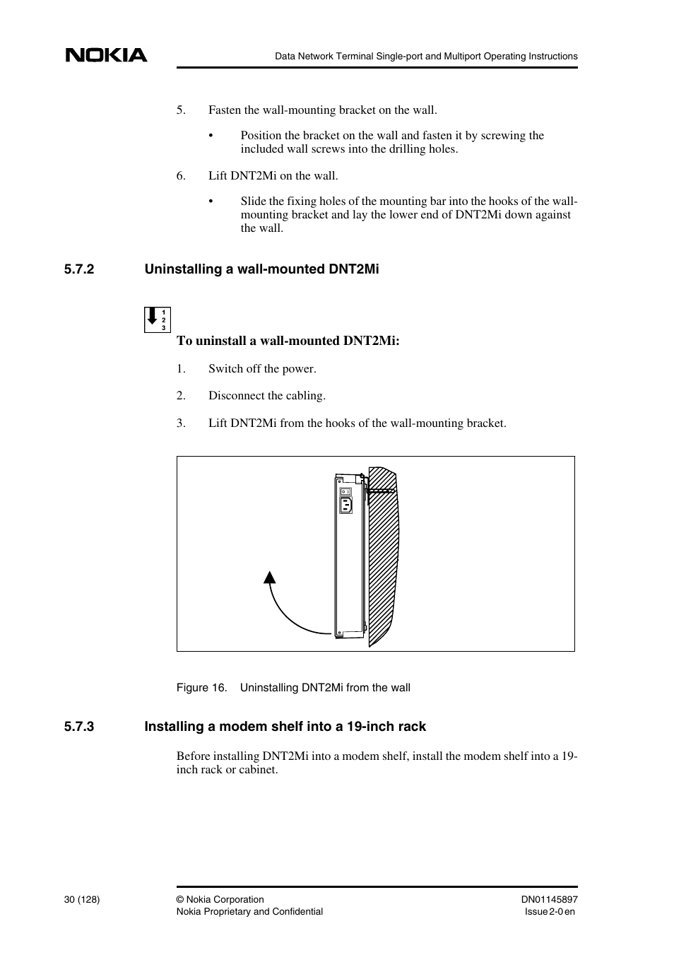 2 uninstalling a wall-mounted dnt2mi, 3 installing a modem shelf into a 19-inch rack, Uninstalling a wall-mounted dnt2mi | Installing a modem shelf into a 19-inch rack | Nokia DNT2Mi sp/mp User Manual | Page 30 / 128