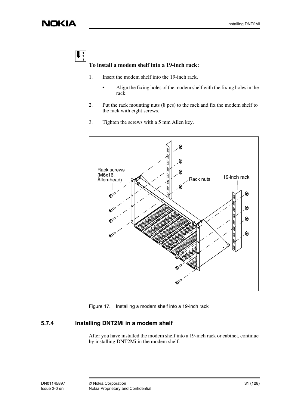 4 installing dnt2mi in a modem shelf, Installing dnt2mi in a modem shelf | Nokia DNT2Mi sp/mp User Manual | Page 31 / 128