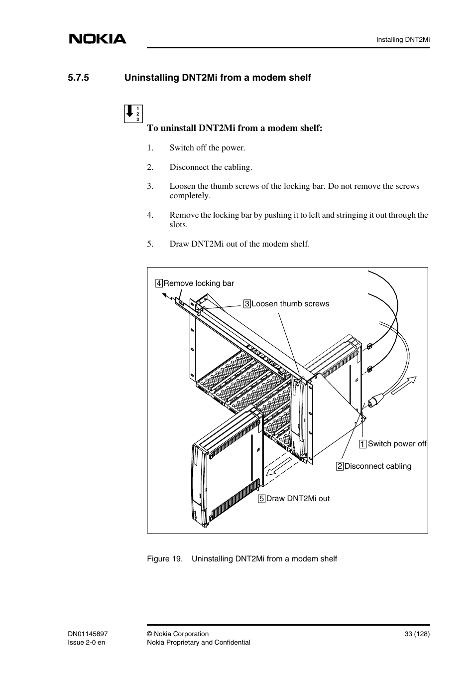 5 uninstalling dnt2mi from a modem shelf, Uninstalling dnt2mi from a modem shelf | Nokia DNT2Mi sp/mp User Manual | Page 33 / 128