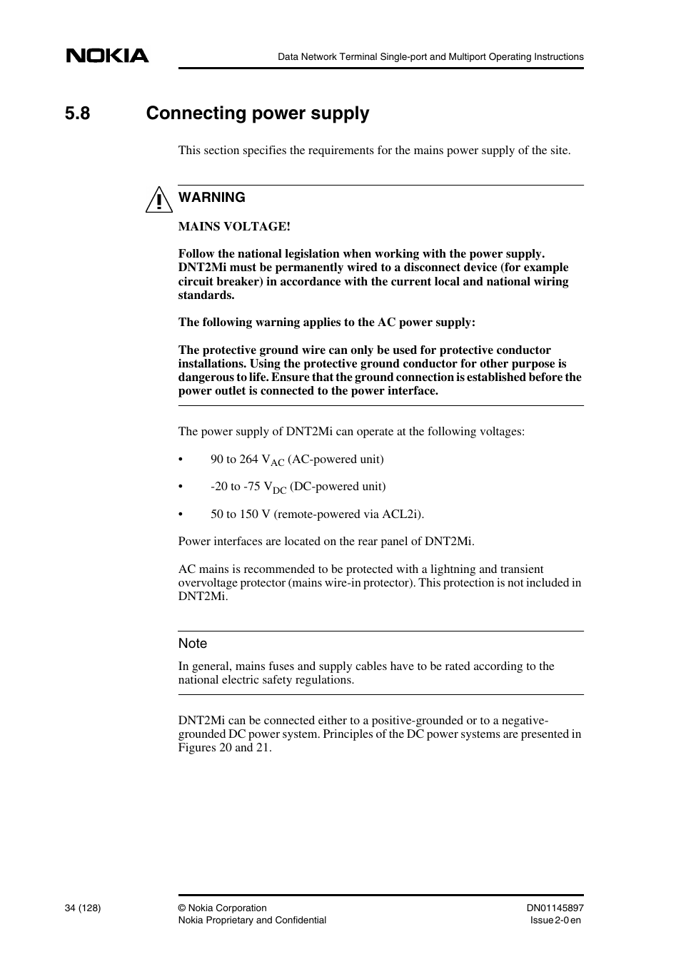 8 connecting power supply, Connecting power supply, The dc power lines (refer to section 5.8) | Nokia DNT2Mi sp/mp User Manual | Page 34 / 128