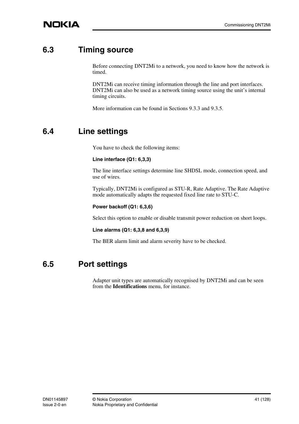 3 timing source, 4 line settings, 5 port settings | Timing source, Line settings, Port settings | Nokia DNT2Mi sp/mp User Manual | Page 41 / 128
