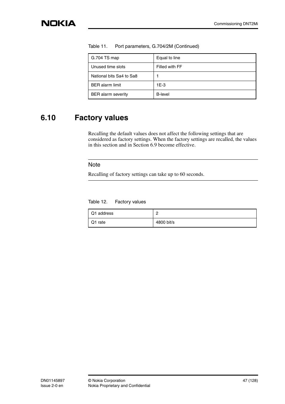 10 factory values, Factory values | Nokia DNT2Mi sp/mp User Manual | Page 47 / 128