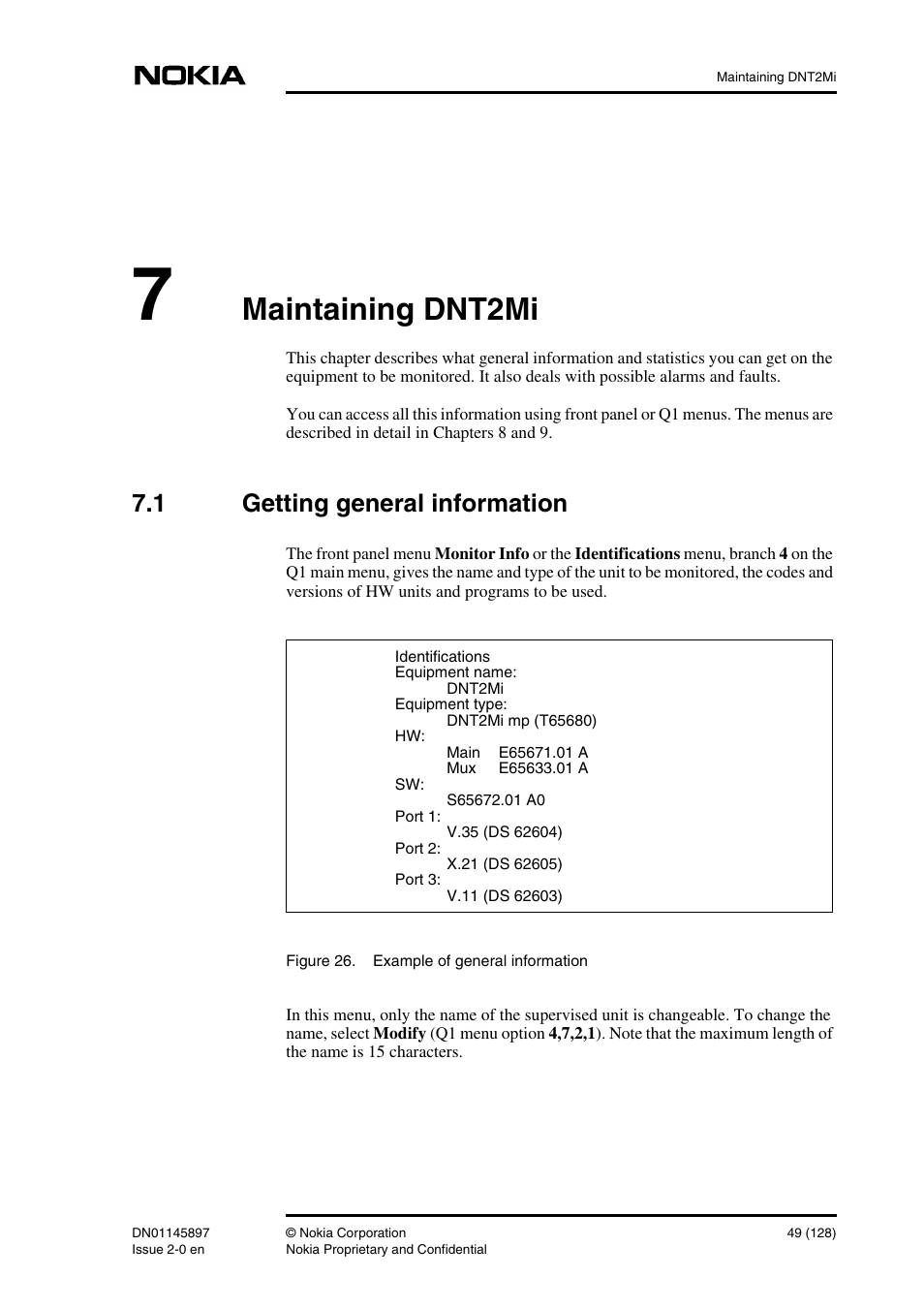 7 maintaining dnt2mi, 1 getting general information, Maintaining dnt2mi 49 | Getting general information, Maintaining dnt2mi | Nokia DNT2Mi sp/mp User Manual | Page 49 / 128