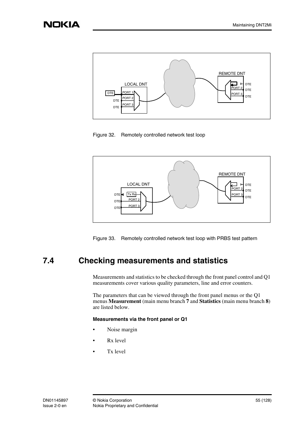 4 checking measurements and statistics, Checking measurements and statistics, Noise margin • rx level • tx level | Nokia DNT2Mi sp/mp User Manual | Page 55 / 128