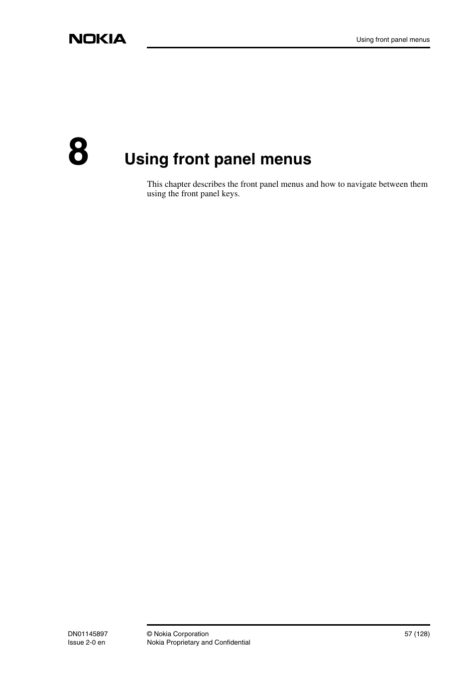 8 using front panel menus, Using front panel menus 57, Using front panel menus | Nokia DNT2Mi sp/mp User Manual | Page 57 / 128