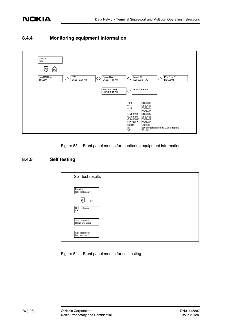4 monitoring equipment information, 5 self testing, Monitoring equipment information | Self testing, Figure 54. front panel menus for self testing, Self test results | Nokia DNT2Mi sp/mp User Manual | Page 76 / 128