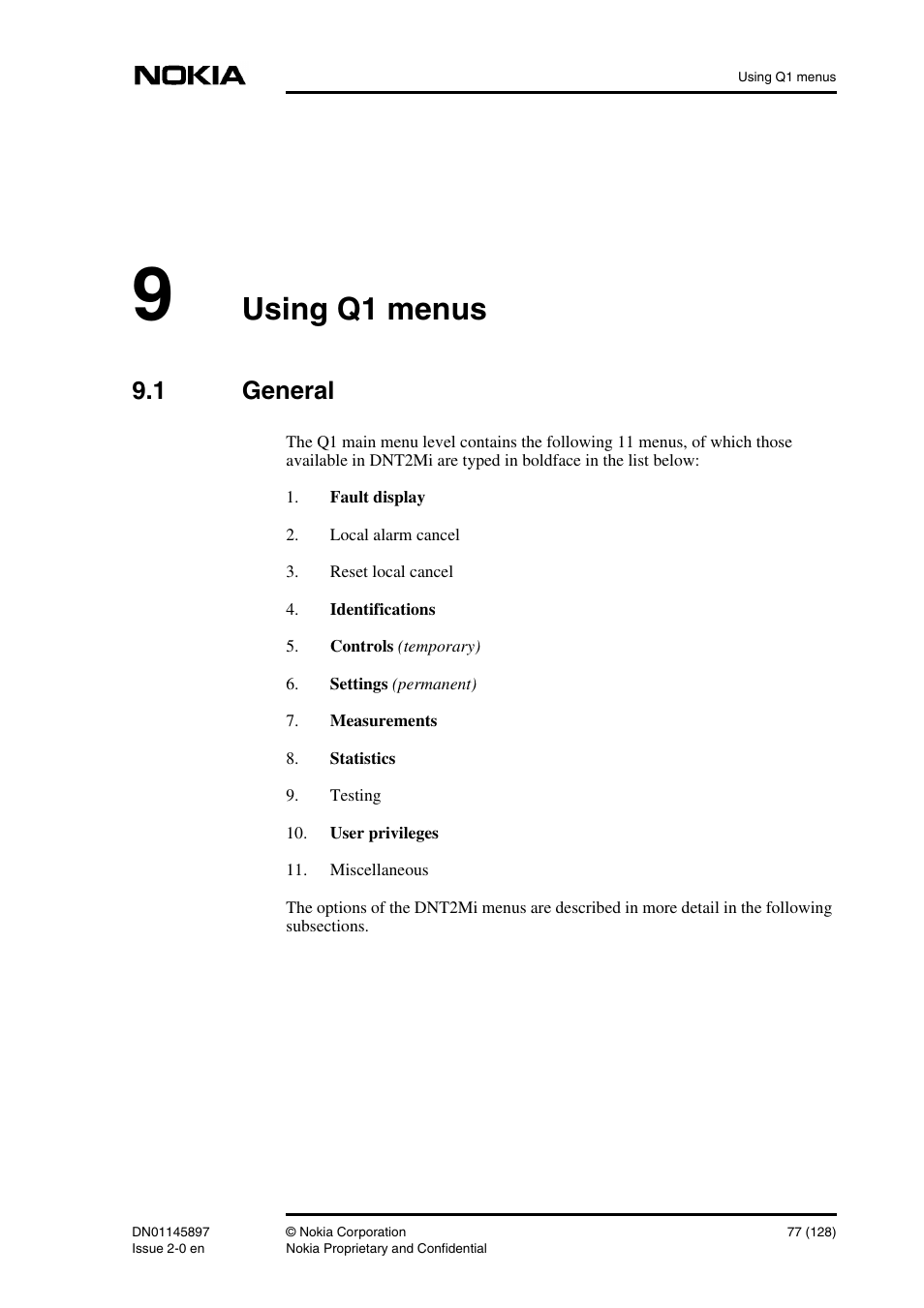 9 using q1 menus, 1 general, Using q1 menus 77 | General, Connection (chapter 9), Using q1 menus | Nokia DNT2Mi sp/mp User Manual | Page 77 / 128