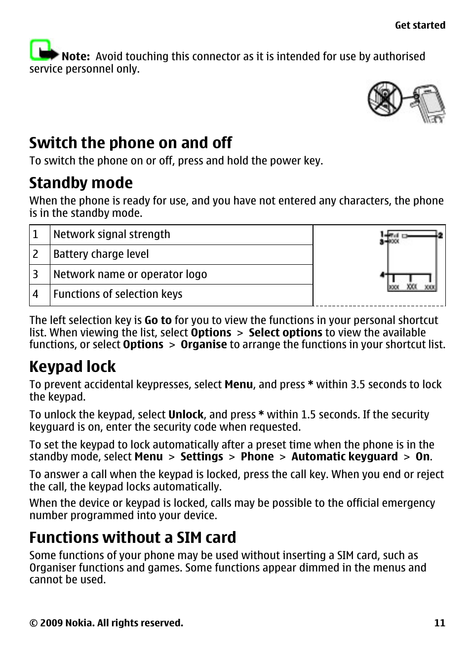 Switch the phone on and off, Standby mode, Keypad lock | Functions without a sim card | Nokia 2330 Classic User Manual | Page 11 / 33
