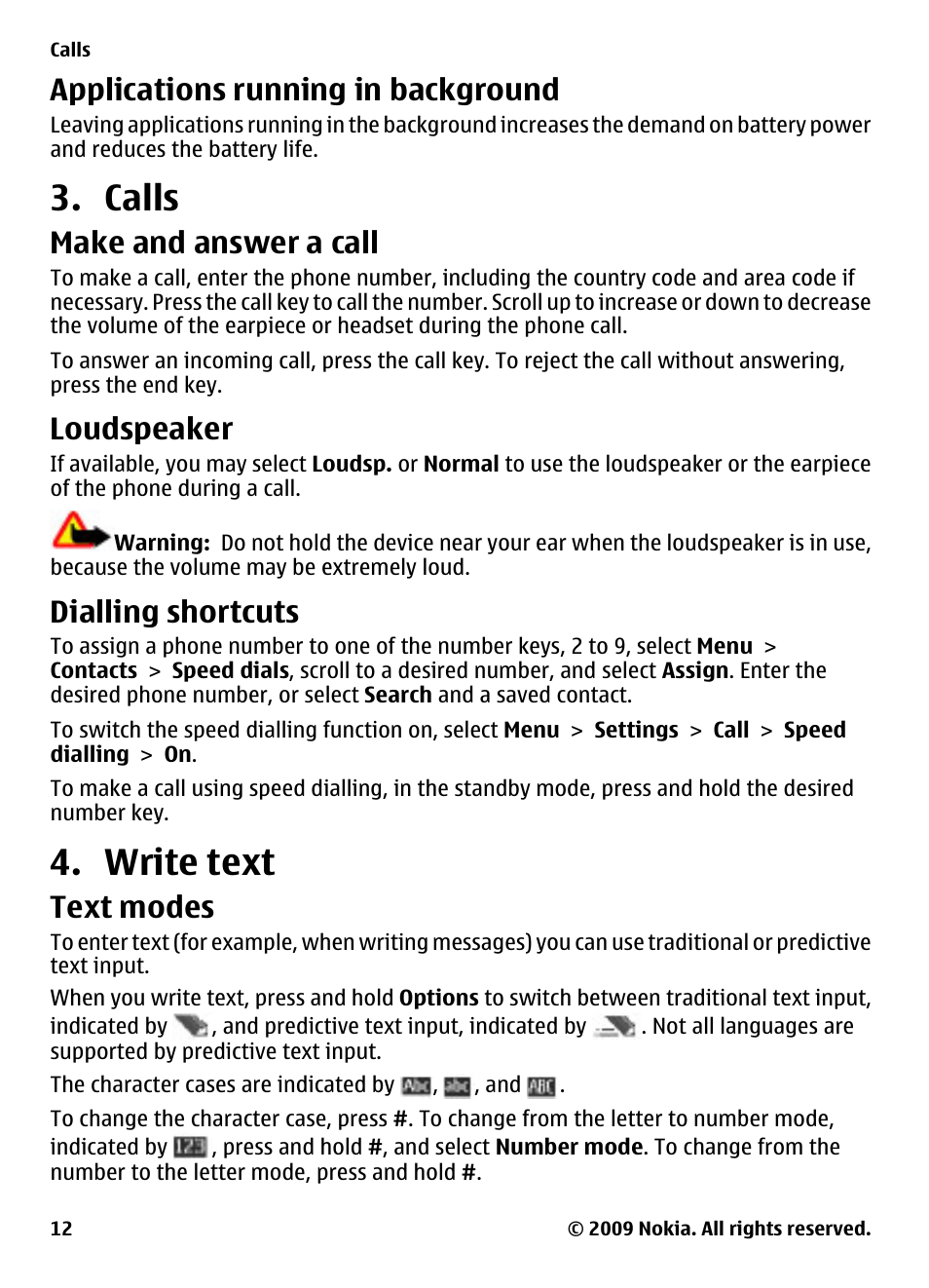 Applications running in background, Calls, Make and answer a call | Loudspeaker, Dialling shortcuts, Write text, Text modes, Applications running in, Background | Nokia 2330 Classic User Manual | Page 12 / 33